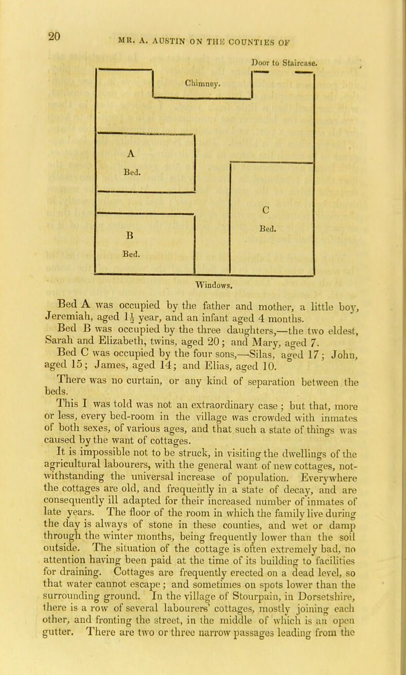 Door to Staircase. Chimney. A Bed. c B Bed. Bed. Windows. Bed A was occupied by the father and mother, a little boy, Jeremiah, aged U year, and an infant aged 4 months. Bed B was occupied by the three daughters,—the two eldest, Sarah and Elizabeth, twins, aged 20; and Mary, aged 7. Bed C was occupied by the four sons,—Silas, aged 17; John, aged 15; James, aged 14; and Elias, aged 10. There was no curtain, or any kind of separation between Hie beds. This I was told was not an extraordinary case ; but that, more or less, every bed-room in the village was crowded with inmates of both sexes, of various ages, and that such a state of things was caused by the want of cottages. It is impossible not to be struck, in visiting the dwellings of the agricultural labourers, with the general want of new cottages, not- withstanding the universal increase of population. Everywhere the cottages are old, and frequently in a state of decay, and are consequently ill adapted for their increased number of inmates of late years. The floor of the room in which the family live during the day is always of stone in these counties, and wet or damp through the winter months, being frequently lower than the soil outside. The situation of the cottage is often extremely bad, no attention having been paid at the time of its building to facilities for draining. Cottages are frequently erected on a dead level, so that water cannot escape; and sometimes on spots lower than the surrounding ground. In the village of Stourpain, in Dorsetshire, there is a row of several labourers' cottages, mostly joining each other, and fronting the street, in the middle of which is an open gutter. There are two or three narrow passages leading from the