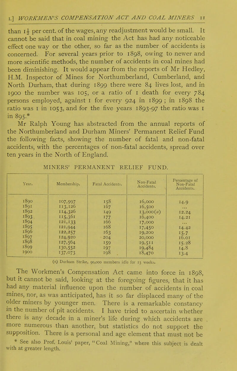 I.] WORKMEN'S COMPENSATION ACT AND COAL MINERS ir than ii per cent, of the wages, any readjustment would be small. It cannot be said that in coal mining the Act has had any noticeable effect one way or the other, so far as the number of accidents is concerned. For several years prior to 1898, owing to newer and more scientific methods, the number of accidents in coal mines had been diminishing. It would appear from the reports of Mr Hedley, H.M. Inspector of Mines for Northumberland, Cumberland, and North Durham, that during 1899 there were 84 lives lost, and in 1900 the number was 105, or a ratio of I death for every 784 persons employed, against 1 for every 924 in 1899 ; in 1898 the ratio was 1 in 105 3, and for the five years 1893-97 the ratio was 1 in 895.* Mr Ralph Young has abstracted from the annual reports of the Northumberland and Durham Miners' Permanent Relief Fund the following facts, showing the number of fatal and non-fatal accidents, with the percentages of non-fatal accidents, spread over ten years in the North of England. MINERS' PERMANENT RELIEF FUND. Year. Membership. Fatal Accidents. Non-Fatal Accidents, Percentage of Non-Fatal Accidents. 1890 107,997 158 16,000 14.9 1891 113,126 167 16,500 1892 114,326 149 13,000 (a) 12.24 1893 us.361 177 16,400 14.21 1894 121,133 166 17,000 1895 121,944 168 17.450 14.42 1896 122,257 163 19,200 15-7 1897 124,920 204 20,000 16.01 1898 127,564 159 I9,5H 15.28 1899 130,552 197 19,484 14.S 1900 137.073 198 18,470 13-4 () Durham Strike, 90,000 members idle for 13 weeks. The Workmen's Compensation Act came into force in 1898, but it cannot be said, looking at the foregoing figures, that it has had any material influence upon the number of accidents in coal mines, nor, as was anticipated, has it so far displaced many of the older miners by younger men. There is a remarkable constancy in the number of pit accidents. I have tried to ascertain whether there is any decade in a miner's life during which accidents are more numerous than another, but statistics do not support the supposition. There is a personal and age element that must not be * See also Prof. Louis' paper, Coal Mining, where this subject is dealt with at greater length.