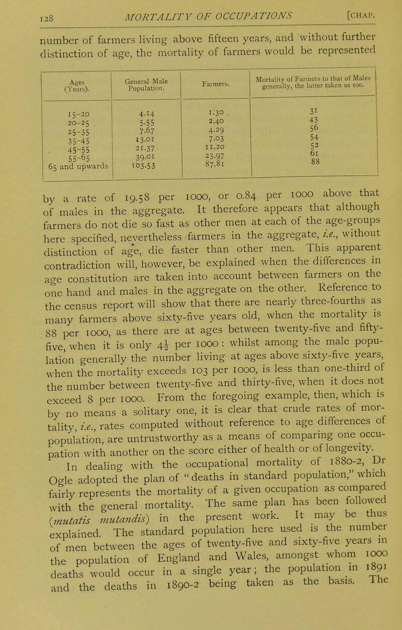 number of farmers living above fifteen years, and without further distinction of age, the mortality of farmers would be represented Ages (Years). General Male Population. Farmers. Mortality of Farmers to that of Males generally, the lalter taken as 100. 20-2 5 25-35 35-45 45-55 55-65 65 and upwards 4.14 ^ — 5-55 7-67 i3-oi 21.37 39.01 103.53 1:30 2.40 4.29 7-03 11.20 23-97 87.81 31 43 56 54 52 61 88 by a rate of 19.58 per 1000, or 0.84 per 1000 above that of males in the aggregate. It therefore appears that although farmers do not die so fast as other men at each of the age-groups here specified, nevertheless farmers in the aggregate, i.e., without distinction of age, die faster than other men. This apparent contradiction will, however, be explained when the differences in age constitution are taken into account between farmers on the one hand and males in the aggregate on the other. Reference to the census report will show that there are nearly three-fourths as many farmers above sixty-five years old, when the mortality is 88 per 1000, as there are at ages between twenty-five and fifty- five, when it is only \\ per 1000 : whilst among the male popu- lation generally the number living at ages above sixty-five years, when the mortality exceeds 103 per 1000, is less than one-third of the number between twenty-five and thirty-five, when it does not exceed 8 per 1000. From the foregoing example, then, which is by no means a solitary one, it is clear that crude rates of mor- tality ie rates computed without reference to age differences of population, are untrustworthy as a means of comparing one occu- pation with another on the score either of health or of longevity. In dealing with the occupational mortality of 1880-2, Dr Ogle adopted the plan of deaths in standard population, which fairly represents the mortality of a given occupation as compared with the general mortality. The same plan has been followed (mutatis mutandis) in the present work. It may be thus explained The standard population here used is the number of men between the ages of twenty-five and sixty-five years in the population of England and Wales, amongst whom 1000 deaths would occur in a single year; the population in 1891 and the deaths in 1890-2 being taken as the basis. The