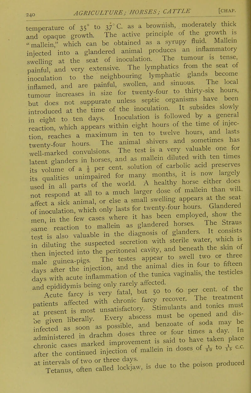 temperature of 35° to 37° C as a brownish, moderately thick and opaque growth. The active principle of the growth is mallein which can be obtained as a syrupy fluid. Mallein iniected ' into a glandered animal produces an inflammatory swelling at the seat of inoculation. The tumour is tense painful, and very extensive. The lymphatics from the seat of inoculation to the neighbouring lymphatic glands become inflamed, and are painful, swollen, and sinuous. The local tumour increases in size for twenty-four to thirty-six hours, but does not suppurate unless septic organisms have been introduced at the time of the inoculation. It subsides slowly in eiaht to ten days. Inoculation is followed by a general reaction, which appears within eight hours of the time of injec- tion reaches a maximum in ten to twelve hours, and lasts twenty-four hours. The animal shivers and sometimes has well-marked convulsions. The test is a very valuable one for latent glanders in horses, and as mallein diluted with ten times ts volume of a \ per cent, solution of carbolic acid preserves ts qualities unimpaired for many months, it is now largely used in all parts of the world. A healthy horse either does not respond at all to a much larger dose of mallein than will, affec a sick animal, or else a small swelling appears at the seat oi lPeculation, which only lasts for twenty-four hours Glandered men n the ew cases where it has been employed show the same reaction to mallein as glandered horses. The Straus esTis also valuable in the diagnosis of glanders It consists n dinting the suspected secretion with sterile water which is Sen Sed into the peritoneal cavity, and beneath the skin of then injectea 11 f u twQ Qr three days with acute inflammation of the tunica vagmahs, the testicles W^?* * °t thet *T affected with chronic farey recover. The treatment r^esen t most unsatisfactory. Stimuiants and tonics must at present is must be e(J and dls. be given I'beraUy. tvery ^ ^ ^ infected « soon as possi e & ,n administered m drachm doses three or t^Z^S^XS, in doses of * to A e.c.