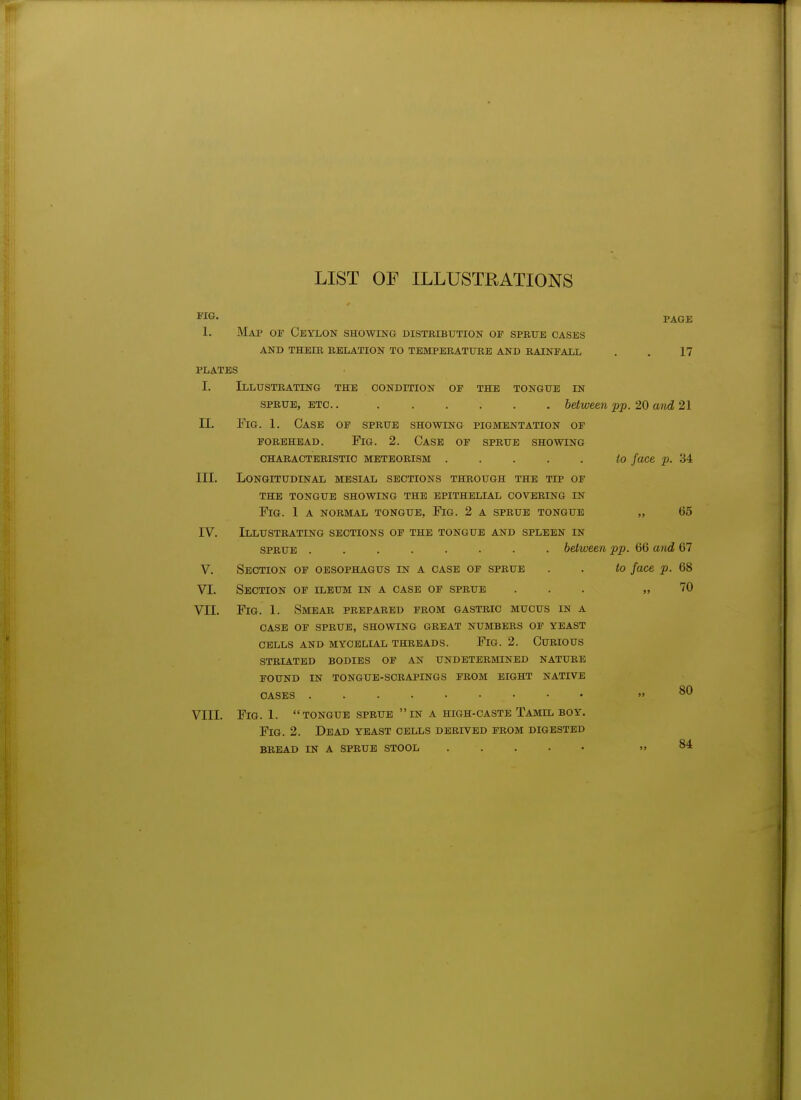 LIST OF ILLUSTRATIONS FIG- PAGE 1. Map op Ceylon showing distbibution op spbue cases and theib belation to tempebatube and bainpall . . 17 PLATES I. Illustbating the condition op the tongue in spbue, etc. between pp. 20 and 21 II. Fig. 1. Case op spbue showing pigmentation op pobehead. Fig. 2. Case op spbue showing chabactebistic meteoeism ..... to face p. 34 III. Longitudinal mesial sections thbough the tip of THE TONGUE SHOWING THE EPITHELIAL COVEBING IN FlG. 1 A NOBMAL TONGUE, FlG. 2 A SPBUE TONGUE „ 65 IV. Illustbating sections op the tongue and spleen in spbue ........ between pp. 66 and 67 V. Section op oesophagus in a case op spbue . . to face p. 68 VI. Section of ileum in a case op spbue ... „ 70 VII. Fig. 1. Smeae peepaeed feom gastbic mucus in a case of spbue, showing geeat numbees of yeast cells and mycelial theeads. Fig. 2. Cueious striated bodies of an undetermined natuee found in tongue-scrapings fbom eight native OASES • » VIII. Fig. 1. tongue spbue in a high-caste Tamil boy. Fig. 2. Dead yeast cells debived feom digested bbead in a spbue stool . >> 80 84