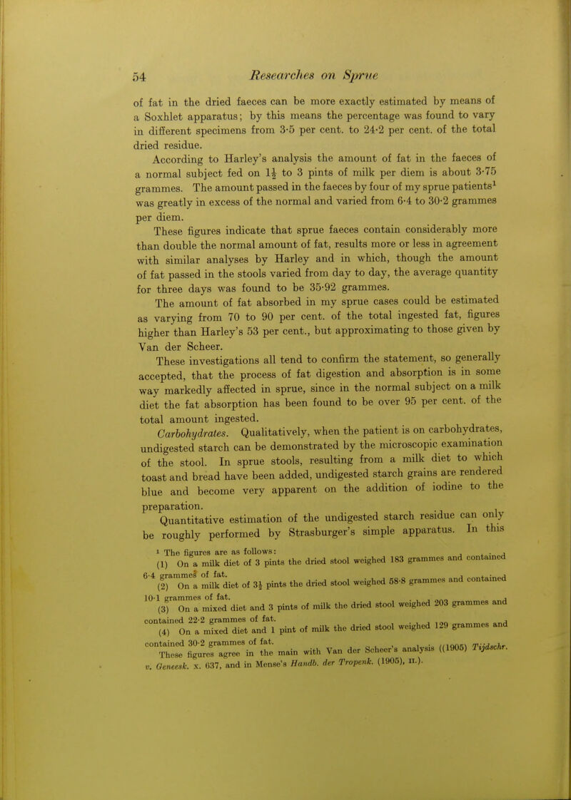 of fat in the dried faeces can be more exactly estimated by means of a Soxhlet apparatus; by this means the percentage was found to vary in different specimens from 3-5 per cent, to 24-2 per cent, of the total dried residue. According to Harley's analysis the amount of fat in the faeces of a normal subject fed on 1| to 3 pints of milk per diem is about 3-75 grammes. The amount passed in the faeces by four of my sprue patients1 was greatly in excess of the normal and varied from 6-4 to 30-2 grammes per diem. These figures indicate that sprue faeces contain considerably more than double the normal amount of fat, results more or less in agreement with similar analyses by Harley and in which, though the amount of fat passed in the stools varied from day to day, the average quantity for three days was found to be 35-92 grammes. The amount of fat absorbed in my sprue cases could be estimated as varying from 70 to 90 per cent, of the total ingested fat, figures higher than Harley's 53 per cent., but approximating to those given by Van der Scheer. These investigations all tend to confirm the statement, so generally accepted, that the process of fat digestion and absorption is in some way markedly affected in sprue, since in the normal subject on a milk diet the fat absorption has been found to be over 95 per cent, of the total amount ingested. Carbohydrates. Qualitatively, when the patient is on carbohydrates, undigested starch can be demonstrated by the microscopic examination of the stool. In sprue stools, resulting from a milk diet to which toast and bread have been added, undigested starch grains are rendered blue and become very apparent on the addition of iodine to the preparation. Quantitative estimation of the undigested starch residue can only be roughly performed by Strasburger's simple apparatus. In this 1 The figures are as follows: , (1) On a milk diet of 3 pints the dried stool weighed 183 grammes and contained 6 4 (ir'oTa mmfdiet of 3* pints the dried stool weighed 58-8 gram.es and contained ^'^roTa8mixed diet and 3 pints of milk the dried stool weighed 203 grammes and COnT^rS^2^T, pint of milk the dried stool weighed 129 grammes and C0It^ ng^ef^in £ main with Van der Scheer's analysis ((1905) I*** v. Oeneesk. x. 637, and in Mense's Handb. der Tropenk. (1905), n.).