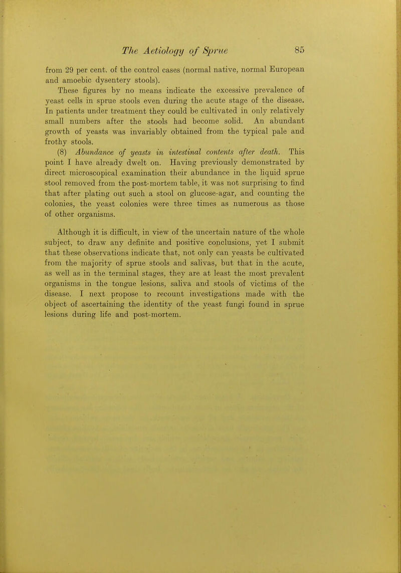 from 29 per cent, of the control cases (normal native, normal European and amoebic dysentery stools). These figures by no means indicate the excessive prevalence of yeast cells in sprue stools even during the acute stage of the disease. In patients under treatment they could be cultivated in only relatively small numbers after the stools had become solid. An abundant growth of yeasts was invariably obtained from the typical pale and frothy stools. (8) Abundance of yeasts in intestinal contents after death. This point I have already dwelt on. Having previously demonstrated by direct microscopical examination their abundance in the liquid sprue stool removed from the post-mortem table, it was not surprising to find that after plating out such a stool on glucose-agar, and counting the colonies, the yeast colonies were three times as numerous as those of other organisms. Although it is difficult, in view of the uncertain nature of the whole subject, to draw any definite and positive conclusions, yet I submit that these observations indicate that, not only can yeasts be cultivated from the majority of sprue stools and salivas, but that in the acute, as well as in the terminal stages, they are at least the most prevalent organisms in the tongue lesions, saliva and stools of victims of the disease. I next propose to recount investigations made with the object of ascertaining the identity of the yeast fungi found in sprue lesions during life and post-mortem.