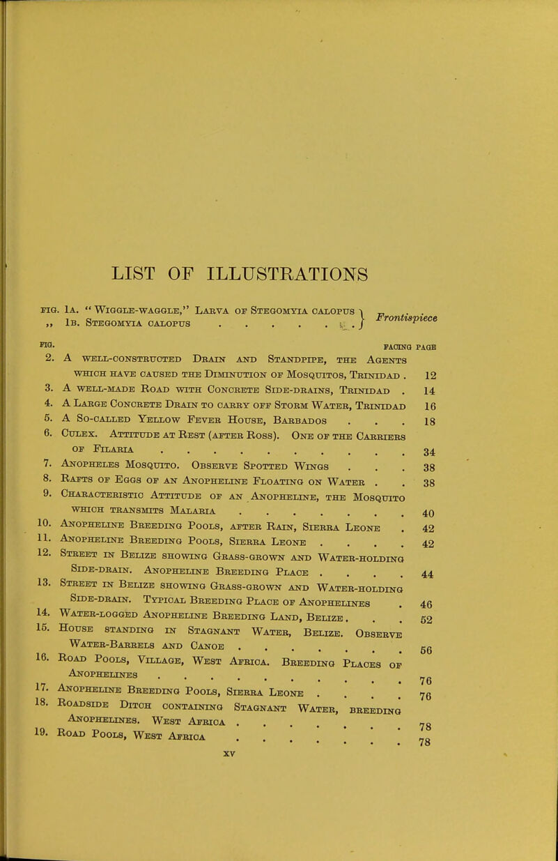 LIST OF ILLUSTRATIONS fig. 1a.  Wiggle-waggle, Larva of Stegomyia calopus -> „ . . „ 1b. Stegomyia calopus , .) FronHsptece FIQ- FACING PAGE 2. A WELL-CONSTRUCTED DRAIN AND STANDPIPE, THE AGENTS WHICH HAVE CAUSED THE DIMINUTION OF MOSQUITOS, TRINIDAD . 12 3. A WELL-MADE ROAD WITH CONCRETE SlDE-DRAINS, TRINIDAD . 14 4. A Large Concrete Drain to carry off Storm Water, Trinidad 16 5. A So-called Yellow Fever House, Barbados . . .18 6. Culex. Attitude at Rest (after Ross). One of the Carriers of Filaria 34 7. Anopheles Mosquito. Observe Spotted Wings ... 38 8. Rafts of Eggs of an Anopheline Floating on Water . . 38 9. Characteristic Attitude of an Anopheline, the Mosquito which transmits Malaria 40 10. Anopheline Breeding Pools, after Rain, Sierra Leone . 42 11. Anopheline Breeding Pools, Sierra Leone .... 42 12. Street in Belize showing Grass-grown and Water-holding Side-drain. Anopheline Breeding Place .... 44 13. Street in Belize showing Grass-grown and Water-holding Side-drain. Typical Breeding Place of Anophelines . 46 14. Water-logged Anopheline Breeding Land, Belize ... 52 15. House standing in Stagnant Water, Belize. Observe Water-Barrels and Canoe gg 16. Road Pools, Village, West Africa. Breeding Places of Anophelines ...... 7g 17. Anopheline Breeding Pools, Sierra Leone 76 18. Roadside Ditch containing Stagnant Water, breeding Anophelines. West Africa 78 19. Road Pools, West Africa . -Q • • • • • 78