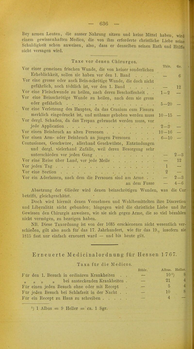 Bey armen Leuten, die ausser Nahrung sitzen und keine Mittel haben, wird einem gewissenhaften Medice; die von ihm erforderte christliche Liehe seine Schuldigkeit schon anweisen, also, dass er denselben seinen Rath und Hiilffe nicht versagen wird. Taxe vor denen Chirurgos. Vor einer gemeinen frischen Wunde, die von keiner sonderlichen Erheblichkeit, sollen sie haben vor den 1. Band .... — 6 Vor eine grosse oder auch Bein-schrötige Wunde, die doch nicht gefährlich, noch tödtlich ist, vor den 1. Band — 12 Vor eine Fleischwunde zu heilen, nach deren Beschaffenheit . . 1 — 2 — Vor eine Beinschrötige Wunde zu heilen, nach dem sie gross oder gefährlich 5—20 — Vor eine Verletzung des Hauptes, da das Cranium cum Fissura merklich eingedruckt ist, und mühsam gehoben werden muss 10—15 — Vor dergl. Schaden, da das Trepan gebraucht werden muss, vor jede Application . . 2—3 — Vor einen Beinbruch an alten Personen 10—16 — Vor einen Arm- oder Beinbruch an jungen Personen .... 6—10 — Contusiones, Geschwüre, allerhand Geschwülste, Entzündungen und dergl. vielerhand Zufälle, weil deren Besorgung sehr unterschieden vor jeden Gang — 2—3 Vor .eine Reise über Land, vor jede Meile — 12 Vor jeden Tag . . 1 — Vor eine Section 2 — Vor ein Aderlässen, nach dem die Personen sind am Arme . . — 2—3 an dem Fusse — 4—6 Absetzung der Glieder wird denen beinschrötigen Wunden, was die Cur betrifft, gleichgeschätzt. Doch wird hiermit denen Vornehmen und Wohlbemittelten ihre Discretion und Liberalität nicht gebunden; hingegen wird die christliche Liebe und ihr Gewissen den Chirurgis anweisen, wie sie sich gegen Arme, die so viel bezahlen nicht vermögen, zu bezeigen haben. NB. Diese Taxordnung ist von der 1685 erschienenen nicht wesentlich ver- schieden, gilt also auch für das 17. Jahrhundert, wie für das 19., insofern sie 1815 fast nur einfach erneuert ward — und bis heute gilt. Erneuerte M e d i c i n a 1 o r d n u n g für Hessen 1 7 67. Taxa für die Medicos. Btblr. Albus. Heller. Für den 1. Besuch in ordinären Krankheiten . . — 10l) „ „ „ „ bei ansteckenden Krankheiten . — 21 4 Für einen jeden Besuch ohne oder mit Recept . — 5 Für jeden Besuch bei Schlafzeit in der Nacht . . 10 Für ein Recept zu Haus zu schreiben 4 l) 1 Albus = 9 Heller ='ca. 1 Sgr.