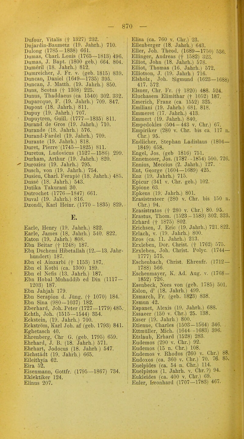 Dufour, Vitalis (f 1827) 232. Dujardin-Baumetz (19. Jahrh.) 710. Dulong (1785-1838) 661. Dumas, Charl. Louis (1765—1813) 496. Dumas, J. Bapt. (1800 geb.) 664. 804. Dumenl (18. Jahrh.) 812. Dumreicher, J. Fr. v. (geb. 1815) 839. Duncan, Daniel (1649—1735) 395. Duncan, J. Matth. (19. Jahrh.) 850. Düna, Scotus (f 1308) 225. Dunus, Thaddaeus (ca 1540) 302. 332. Duparcque, F. (19. Jahrh.) 709. 847. Dupont (18. Jahrh.) 811. Dupuy (19. Jahrh.) 707. • .Dupuytren, Guill. (1777-1835) 811. Durand de Gros (19. Jahrh.) 710. Durande (18. Jahrh.) 576. Durand-Fardel (19. Jahrh.) 709. Durante (19. Jahrh.) 818. Duret, Pierre'(1745—1825) 811. Duretus, Ludovicus (1527—1586) 299. Durham, Arthur (19. Jahrh.) 820. ' Duroziez (19. Jahrh.) 795. Dusch, von (19. Jahrh.) 754. Dusieu, Charl. Ferapie (18. Jahrh.) 485. Düsse (18. Jahrh.) 543. Dutika Takurani 30. Dutrochet (1776—1847) 661. Duval (19. Jahrh.) 816. Dzondi, Karl Heinr. (1770 -1835) 829. E. Earle, Henry (19. Jahrh.) 822. Earle, James (18. Jahrh.) 540'. 822. Eaton (19. Jahrh.) 808. Ebn Beitar (f 1248) 187. Ebn Dschemi Hibetallah (12.—13. Jahr- hundert) 187. Ebn el Ainzarbi (f 1153) 187. Ebn el Kotbi (ca. 1300) 189. Ebn el Nefis (13. Jahrh.) 187. Ebn Hobal Muhaddib ed Din (1117— 1203) 187. Ebn Jahjah 179. Ebn Serapion d. Jung, (f 1070) 184. Ebn Sina (980-1037) 182. Eberhard, Joh. Peter (1727—1779) 485.. Echth, Joh. (1515—1544) 354. Eckstein, (19. Jahrh.) 700. Eckström, Karl Joh. af (geb. 1793) 841. Eghetasch 40. Ehrenberg, Chr G. (geb. 1795) 659. Ehrhard, J. B. (18. Jahrh.) 571. Ehrhart, Jodocus (18. Jahrh) 547. Eichstädt (19. Jahrh.) 665. Eileithyia 62. Eira 52. ' Eisenmann, Gottfr. (1795—1867) 734. Eklektiker 124. Elinus 207. Elisa (ca. 760 v. Chr.) 23. Ellenberger (18. Jahrh.) 643. Eller, Joh. Theod. (1689—1700; 536 Ellinger, Andreas (f 1582) 820 Elliot, John (18. Jahrh.) 578. Elliot, Thomas (16. Jahrh.) 572. Elliotson, J. (19. Jahrh ) 716. Eisholz, Joh. Sigmund (1623—1688) 417. 572. Eisner, Chr. Fr. (f 1820) 488. 524. Eluchasem Elimithar (f 1052) 187. Emerich, Franz (ca. 1552) 325. Emiliani (19. Jahrh.) 681. 818. Emmeret (17. Jahrh.) 413. Emmert (19. Jahrh.) 840. Empedokies (504 - 443 v. Chr.) 67. Empiriker (280 v. Chr. bis ca. 117 n. Chr.) 95. Endlicher, Stephan Ladislaus (1804— 1849) 658. Engel, Jos. (geb 1816) 751. Ennetnoser, Jos. (1787 -1854) 500. 726. Ennius, Meccius (2. Jahrh.) 127. Ent, George (1604—1689) 425. Enz (19. Jahrh.) 715. Epicur (341 v. Chr. geb.) 102. Epione 63. Epkens (19. Jahrh.) 801. Erasistrateer (280 v. Chr. bis 150 n. Chr.) 94. Erasistratos (f 280 v. Chr.) 80. 95. Erastus, Thom. (1523-1583) 302. 323. Erhard (f 1875) 802. Erichsen, J. Eric (19. Jahrh.) 721. 822. Erlach, v. (19. Jahrh.) 800. Eros (ca. 11. Jahrh.) 213. Erxleben, Dor. Christ, (f 1762) 575. Erxleben, Joh. Christ. Polyc. (1744— 1777) 575. Eschenbach, Christ. Ehrenfr. (1712 — . 1788) 566. Eschenmayer, K. Ad. Aug. v. (1768 — 1852) 726. Esenbeck, Nees von (geb. 1785) 501. Eslon, d' (18. Jahrh.) 499. Esmarch, Fr. (geb. 1823) 838. Esmun 42. Espanet, Alexis (19. Jahrh.) 688. Essaeer (150 v. Chr.) 25. 138. Esser (19. Jahrh.) 800. Etienne, Charles (1503-1564) 346. . Ettmüller, Mich. (1644--1683) 396. Etzlaub, Erhard (1528) 283. Eudemos (290 v. Chr.) 92. Eudemos (15 n. Chr.) 108. Eudemos v. Rhodos (260 v. Chr.) 88. Eudoxos (ca. 360 v. Chr.) 70. 76. 8o. Euelpides (ca. 54 n. Chr.) 114. Euelpistos (1. Jahrh. v. Chr.?) 94. Eukleides (ca. 400 v. Chr.) 69. i Euler, Leonhard (1707-1783) 467.