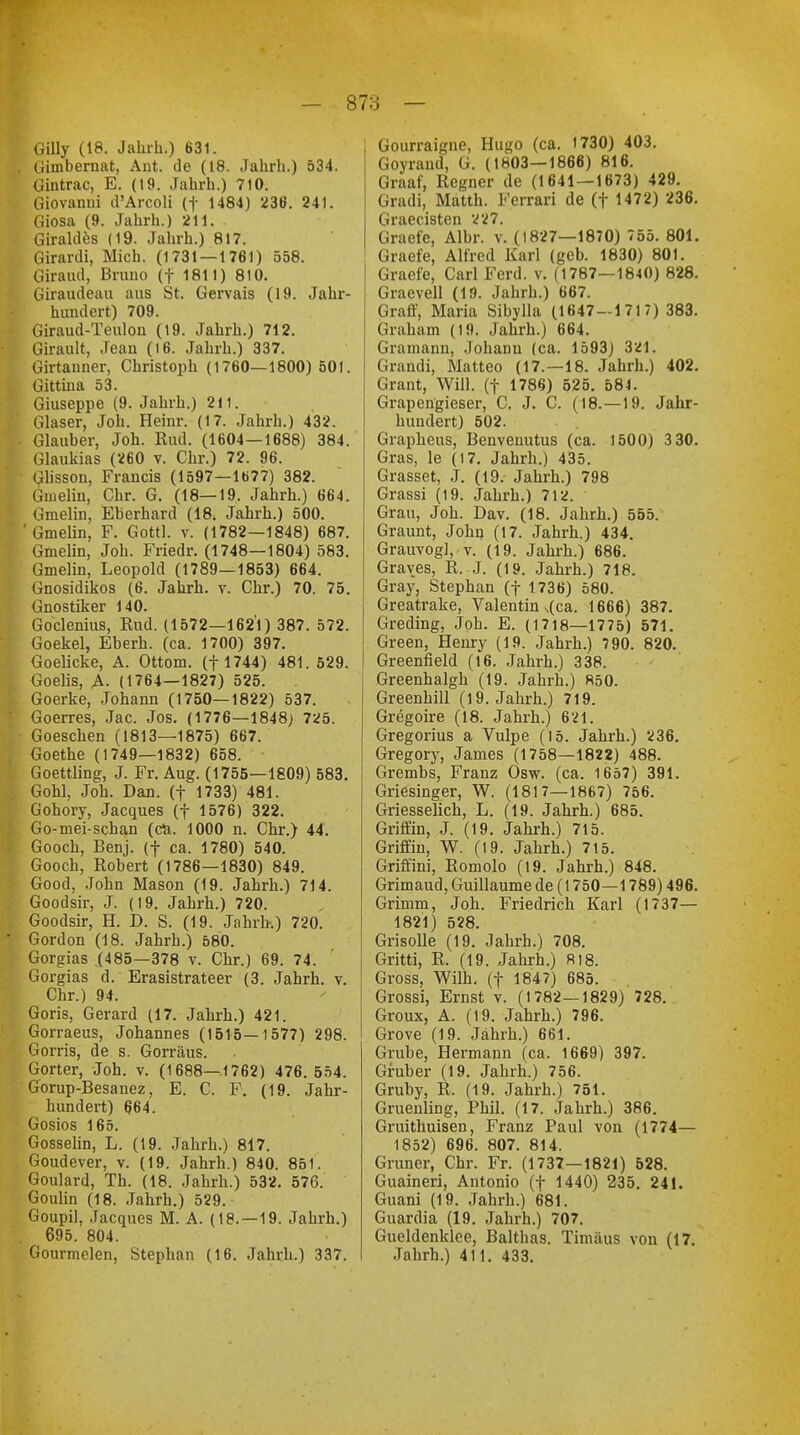 Gilly (18. Jahrb.) 631. Gimbernat, Ant. de (18. Jahrb.) 534. ßintrac, E. (19. Jahrh.) 710. Giovanui d'Arcoli (f 1484) 236. 241. Giosa (9. Jahrh.) 211. Giraldes (19. Jahrh.) 817. Girardi, Mich. (1731—1761) 558. Giraud, Bruno (f 1811) 810. Giraudeau aus St. Gervais (19. Jahr- hundert) 709. Giraud-Teulon (19. Jahrh.) 712. Girault, Jean (16. Jahrb.) 337. Girtauner, Christoph (1760—1800) 501. Gittina 53. Giuseppe (9. Jahrb.) 211. Glaser, Job. Heinr. (17. Jahrh.) 432. Glauber, Joh. Kud. (1604—1688) 384. Glaukias (260 v. Chr.) 72. 96. Glisson, Francis (1597—1677) 382. Gmelin, Chr. G. (18—19. Jahrh.) 664. Gmelin, Eberhard (18. Jahrh.) 500. Gmelin, F. Gottl. v. (1782—1848) 687. Gmelin, Joh. Friedr. (1748—1804) 583. Gmelin, Leopold (1789—1853) 664. Gnosidikos (6. Jahrh. v. Chr.) 70. 75. Gnostiker 140. Goclenius, Rud. (1572—1621) 387. 572. Goekel, Eberh. (ca. 1700) 397. Goelicke, A. Ottom. (fl744) 481.529. Goelis, A- (1764—1827) 525. Goerke, Johann (1750—1822) 537. Goerres, Jac. Jos. (1776—1848; 725. Goeschen (1813—1875) 667. Goethe (1749—1832) 658. Goettling, J. Fr. Aug. (1755—1809) 583. Göhl, Joh. Dan. (f 1733) 481. Gohory, Jacques (f 1576) 322. Go-mei-schan (c&. 1000 n. Chr.) 44. Gooch, Benj. (f ca. 1780) 540. Gooch, Robert (1786—1830) 849. Good, John Mason (19. Jahrh.) 714. Goodsir, J. (19. Jahrh.) 720. Goodsir, H. D. S. (19. Jahrh.) 720. Gordon (18. Jahrh.) 580. Gorgias (485—378 v. Chr.) 69. 74. Gorgias d. Erasistrateer (3. Jahrh. v. Chr.) 94. Goris, Gerard (17. Jahrh.) 421. Gorraeus, Johannes (1515—1577) 298. Gorris, de s. Gorräus. Gorter, Joh. v. (1688—1762) 476.554. Gorup-Besanez, E. C. F. (19. Jahr- hundert) 664. Gosios 165. Gosselin, L. (19. Jahrh.) 817. Goudever, v. (19. Jahrh.) 840. 851. Goulard, Th. (18. Jahrh.) 532. 576. Goulin (18. Jahrh.) 529. Goupil, Jacques M. A. (18.—19. Jahrh.) 695. 804. Gourmelen, Stephan (16. Jahrb.) 337. Gourraigne, Hugo (ca. 1730) 403. Goyrand, G. (1803—1866) 816. Graaf, Regner de (1641—1673) 429. Gradi, Matth. Ferrari de (f 1472) 236. Graecisten 227. Graefe, Albr. v. (1827—1870) 755. 801. Graefe, Alfred Karl (geb. 1830) 801. Graefe, Carl Ferd. v. (1787—1840) 828. Graevell (19. Jahrh.) 667. Graff, Maria Sibylla (1647—1717) 383. Graham (19. Jahrb.) 664. Gramann, Johann (ca. 1593) 321. Grandi, Matteo (17.—18. Jahrh.) 402. Grant, Will, (f 1786) 525. 584. Grapengieser, C. J. C. (18.—19. Jahr- hundert) 502. Grapheus, Benvenutus (ca. 1500) 3 30. Gras, le (17. Jahrh.) 435. Grasset, J. (19. Jahrh.) 798 Grassi (19. Jahrh.) 712. Grau, Joh. Dav. (18. Jahrh.) 555. Graunt, John (17. Jahrh.) 434. Grauvogl, v. (19. Jahrh.) 686. Graves, R. J. (19. Jahrh.) 718. Gray, Stephan (f 1736) 580. Greatrake, Valentin x(ca. 1666) 387. Greding, Joh. E. (1718—1775) 571. Green, Henry (19. Jahrh.) 790. 820. Greenfield (16. Jahrh.) 338. Greenhalgh (19. Jahrh.) 850. Greenhill (19. Jahrh.) 719. Gregoire (18. Jahrh.) 621. Gregorius a Vulpe (15. Jahrh.) 236. Gregory, James (1758—1822) 488. Grembs, Franz Osw. (ca. 1657) 391. Griesinger, W. (1817—1867) 756. Griesseiich, L. (19. Jahrh.) 685. Griffin, J. (19. Jahrh.) 715. Griffin, W. (19. Jahrh.) 715. Griffini, Romolo (19. Jahrh.) 848. Grimaud, Guillaume de (1750—1789) 496. Grimm, Joh. Friedrich Karl (1737— 1821) 528. Grisolle (19. Jahrh.) 708. Gritti, R. (19. Jahrh.) 818. Gross, Wilh. (f 1847) 685. Grossi, Ernst v. (1782—1829) 728. Groux, A. (19. Jahrh.) 796. Grove (19. Jahrh.) 661. Grube, Hermann (ca. 1669) 397. Gfuber (19. Jahrh.) 756. Gruby, R. (19. Jahrh.) 751. Gruenling, Phil. (17. Jahrh.) 386. Gruithuisen, Franz Paul von (1774— 1852) 696. 807. 814. Gruner, Chr. Fr. (1737—1821) 528. Guaineri, Antonio (f 1440) 235. 241. Guani (19. Jahrh.) 681. Guardia (19. Jahrh.) 707. Gueldenklee, Balthas. Timäus von (17. ■lahrh.) 41 1. 433.