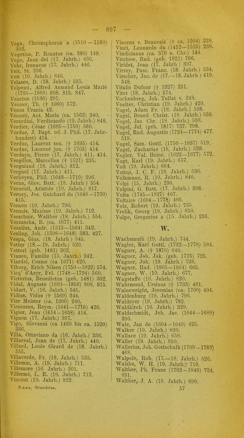 Vega, Christopherus a (1510 —1580) 302. Vegetius, P. Renatus (ca. 380) 119. Vego, Juan -del (17. Jahrh.) 430. Vehr, Irenaeus (17. Jahrh.) 4-16. Veit, St. 256. Veit (19. Jahrh.) 8-16. Velasco, D. (18. Jahrh.) 535. Velpeaü, Alfred Armand Louis Marie (1795—1868) 808. 815. 847. Venetus (1536) 291. Venner, TL (f 1660) 572. Venus Urania 42. Venusti, Aut. Maria (ca. 1562) 340. - Verardini, Ferdinando (19. Jahrh.) 848. Verdier, Cäsar (1685—1759) 560. Verdue, J. Bapt. od. J. Phil. (17. Jahr- hundert) 414. • Verdue, Laurent sen. (f 1695) 414. Venluc, Laurent jun. (f 1703) 414. Verduyn, Pierre (17. Jahrh.) 411. 414. Vergilius, Marcellus (f 1521) 235. Vergniaud (18. Jahrh.) 812. Vergnol (17. Jahrh.) 411. Verheyen, Phil. (1648—1710) 396. Verna, Giov. Batt. (18. Jahrh) 554. Verneuil, Aristide (19. Jahrh.) 817. Verney, Jos. Guichard du (1648—1730) 415. Vernon (19. Jahrh.) 796: Vernois, Maxime (19. Jahrh.) 712. Verschuir, Walther (18. Jahrh.) 554. Verzascha, B. (ca. 1677) 411. Vesalius, Andr. (1513—1564) 342. Vesling, Joh. (1598—1648) 383. 427. Vespa, Gius. (18. Jahrh.) 545. Vetter (18.-19. Jahrh.) 520. Vettori (geb. 1481) 302. Vianeo, Familie (15. Jahrh.) 242. Viardel, Cosme (ca 1671) 420. Viborg, Erich Nilsen (1750—1822) 574. Vicq' d'Azyr, Fei. (1748—1794) 560. Victorius, Benedictus (geb. 1481) 302. Vidal, Auguste (1803—1856) 808. 815. vidart, V. (18. Jahrh.) 545. Vidius, Vidus (f 1569) 344. Vier Meister (ca. 1300) 240. Vieussens, Reym. (1641—1716) 426. Vigier, Jean (1614-1658) 414. Vignon (17. Jahrh.) 397. Vigo, Giovanni (ca 1460 bis ca. 1520) 336. Villa, Ottaviano da (16. Jahrh.) 336. Villareal, Juan de (17. Jahrh.) 440. Villard, Louis Girard de (18. Jahrh.) 555. Villaverde, Fr. (18. Jahrh.) 535. Villemin, A. (19. Jahrh.) 711. Villemore (16. Jahrh.) 301. Villerme, L. R. (19, Jahrh.) 712. Vincent (19. Jahrh.) 822. Baas, Grundriss. Vincenz v. Beauvais (f ca. 1264) 228. Vinci, Leonardo da (1452-1515) 239. Vindicianus (ca. 370 n. Chr.) 144. Virchow, Rud. (geb. 1821) 766. Viridet, Jean (17. Jahrh) 397. Virrey, Pasc. Franc. (18. Jahrh.) 534, Vissciier, Jac. de (17.—18. Jahrh ) 419. 548. Vitalis Dufour (f 1327) 231. Vitet (18. Jahrh.) 574. Vochenberg, Joh. Tollat v. 248. Voelter, Christian (19. Jahrh.) 420. Vogel, Adam Fr. (18. Jahrh.) 538. Vogel, Bened Christ. (18. Jahrh.) 538. Vogel, Jac. Chr. (18. Jahrh.) 538. Vogel, Jul. (geb. 1817) 737. 798. Vogel, Rud. Augustin (1724—1774) 477. 519. Vogel, Sam. Gottl. (1750-1837) 519. Vogel, Zacharias (18. Jahrb.) 538. Vogler, Val. Heinr. (1622-1677) 572. Vogt, Karl (19. Jahrh.) 657. Voit (19. Jahrh.) 664. Voitus, J. C. F. (18. Jahrh.) 536. Volkmann, R. (19. Jahrh.) 840. Volpi (15. Jahrh.) 236. Volpini, G. Batt. (17, Jahrh.) 398. Volta (1745-1827) 467. Voltaire (1694-1778J 466. Volz, Robert (19. Jahrb.) 735. Vrolik, Georg (19. Jahrh.) 850. Vulpe, Gregorius a (15. Jahrh.) 236. w. Wachsmuth (19. Jahrh.) 744. Wagler, Karl Gottl. (1732-1778) 584. Wagner, A. (f 1870) 840.. Wagner, Joh. Jak. (geb. 1775) 725. Wagner, Joh. (19. Jahrh.) 738. Wagner, Rud. (1805—1864) 665. Wagner, W. (19. Jahrh.) 677. Wagstaffe (19. Jahrh.) 820. Wahrmund, Ursinus (f 1733) 481. Wainewright, Jeremias (ca. 1700) 404. Waldenburg (19. Jahrh.j 796. Waldeyer (19. Jahrh.) 782. Waldkirch (16. Jahrh.) 329. Waldschmidt, Joh. Jac. (1644—1689) 396. Wale, Jan de (1604-1640) 425. Walker (19. Jahrh.) 820. Wallace (19. Jahrh.) 659. Waller (19. Jahrh.) 850. Wallerius, Joh. Gottschalk (1709-17851 468. Walpole, Rob. (17.—18. Jahrh.) 526. Walshe, W. H. (19. Jahrh.) 719. Walther, Ph. Franz (1782-1849) 724, 831. Walther, J. A. (19. Jahrh.) 690. ' 57