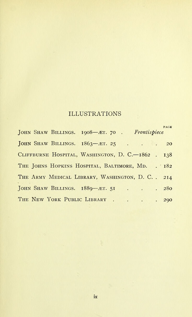 ILLUSTRATIONS PAGE John Shaw Billings. 1908—jet. 70 . Frontispiece John Shaw Billings. 1863—jet. 25 . . .20 Cliffburne Hospital, Washington, D. C.—1862 . 138 The Johns Hopkins Hospital, Baltimore, Md. .182 The Army Medical Library, Washington, D. C. . 214 John Shaw Billings. 1889—jet. 51 . . . 280 The New York Public Library . . . . 290