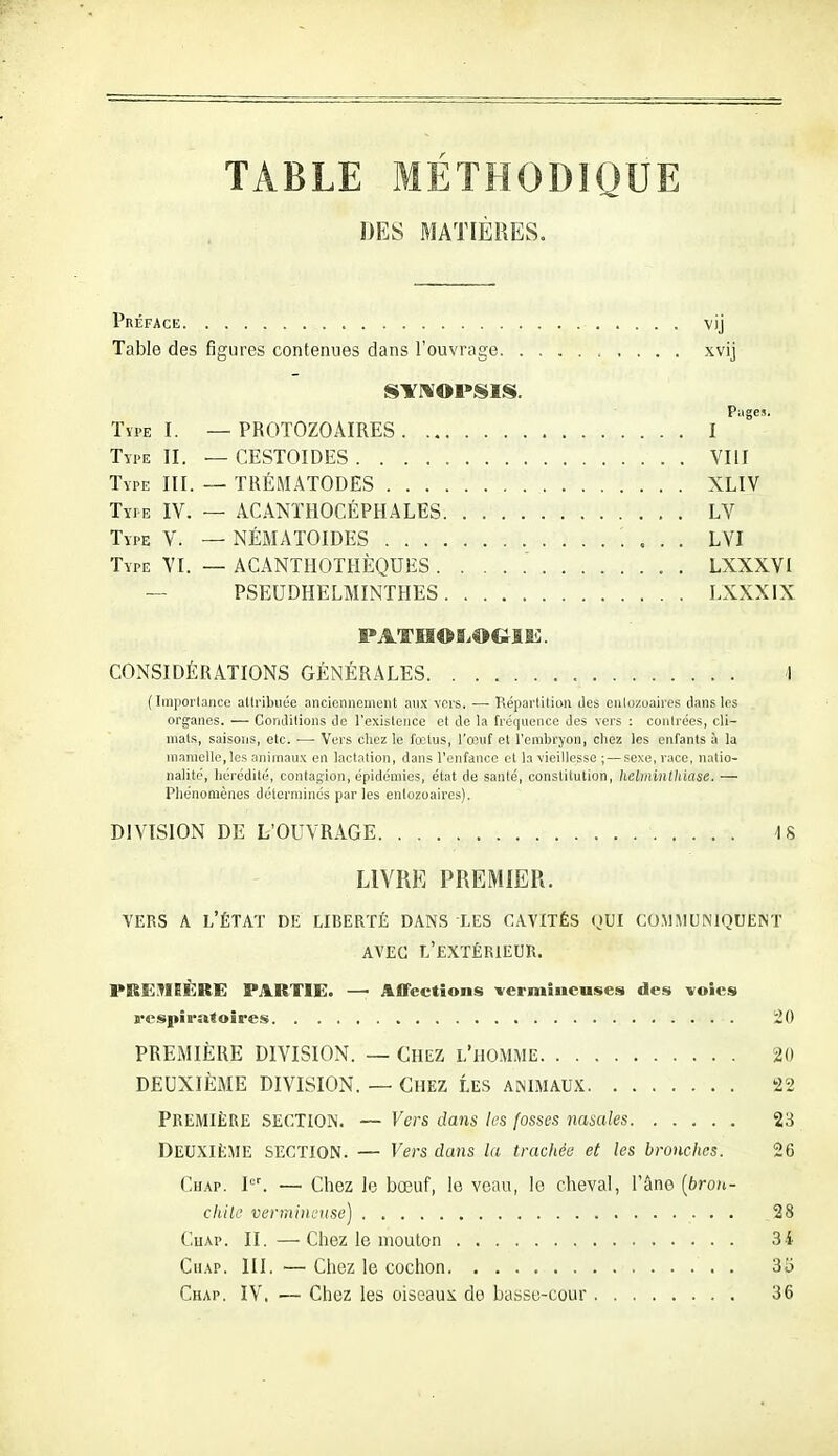 TABLE METHODIQUE DES MATIÈRES. Préface vij Table des figures contenues dans l'ouvrage xvij Pages. ïïPE I. — PROTOZOAIRES 1 Type II. — CESTOIDES VIII Type III. — TRÉMATODES XLIV Type IV. — ACÂNTHOCÉPHALES LV Type V. — NÉMATOIDES LVI Type VI. — ACANTHOTHÈQUES . . ... LXXXVl — PSEUDHELMINTHES LXXXIX PATII©S.OGIIi. CONSIDÉRATIONS GÉNÉRALES 1 (Imporlance allribuée anciennement aux voi's. — Répartition des enlozoaires dans les organes. — Conditions de l'exislonce et de la fréquence des vers : conirées, cli- mats, saisons, etc. — Vers chez le fœtus, l'œuf el l'embryon, cliez les enfants à la mamelle, les animaux en lactation, dans l'enfance et la vieillesse ; — sexe, race, nalio- nalitc, liérédilé, conlagion, épidémies, état de santé, constitution, li.elininlliiase. — Phénomènes déterminés parles enlozoaires). DIVISION DE L'OUVRAGE 18 LIVRE PREMIER. YERS A l'état de LIBERTÉ DANS LES CAVITÉS QUI COMMUNIQUENT AVEC l'extérieur. PREMIÈRE PJLRTIE. — Affections vermincuses des voies respiratoires !20 PREMIÈRE DIVISION. — CHEZ l'hOMME 20 DEUXIÈME DIVISION. — Chez les animaux 22 Première section. — Vers dans les (osses nasales 23 Deuxième section. — Vers dans la trachée et les bronches. 26 CiiAP. I. — Chez le bœuf, le veau, le cheval, l'âne {bron- cliilc vermincnse) 28 CuAP. II. —Chez le mouton 34 CiiAP. III. — Chez le cochon 35 Chap. IV. — Chez les oiseaux de basse-cour 36