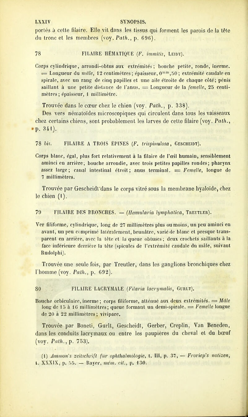 portés à celle filaire. Elle vit dans les tissus qui forment les parois de la tête du tronc et les membres (voy. Palh., p, 696). 78 PILAIRE HÉMATIQIJE (F. immitis, Leidy). Corps cylindrique, arrondi-obtus aux extrémités; bouche petite, ronde, inermc. = Longueur du rjîdie, 12 centimètres ; épaisseur, 0'',50 ; extrémité caudale en spirale, avec un rang de cinq papilles et une aile étroite de chaque côté; pénis saillant k une petite dist:mce de l'anus. = Longueur de la femelle, 25 centi- mètres; épaisseur, 1 millimètre. Trouvée dans le cœur chez le chien (voy. Palh., p. 338). Des vers némaloïdes microscopiques qui circulent dans tous les vaisseaux chez certains chiens, sont probablement les larves de cette filaire (voy. Palh., 'p. 341). 78 bis. FILAIRE A TROIS ÉPINES (F. trispinulosa, Gescheidt). Corps blanc, égal, plus fort relativement à la filaire de l'oeil humain, sensiblement aminci en arrière; bouche arrondie, avec trois petites papilles rondes; pharynx assez large; canal intestinal étroit; anus terminal, = Femelle, longue de 7 millimètres. Trouvée par Gescheidt'dans le corps vitré sous la membrane hyalo'ide, chez le chien (1 ). 70 FILAIRE DES BRONCHES. — (Hamularia lymphalica, Treutler). Ver filiforme, cylindrique, long de 27 millimètres plus ou moins, un peu aminci en avant, un peu cnmprimé latériilement, bruiiAtre, varié de blanc et presque trans- parent en arrière, avec la tète et la queue obtuses; deux crochets saillants à la face inférieure derrière la tête (spicules de l'extrémité caudale du mùle, suivant Rudolphi), Trouvée une seule fois, par Treutler, dans les ganglions bronchiques chez l'homme (voy. Palh., p. 692). 80 FILAIRE LACRYMALE (Filaria lacnjmalis, Gurlt). Bouche orbiculaire, inermc ; corps filiforme, atténué aux deux extrémités. = Mâle long de 15 à 16 millimètres; queue formant un demi-spirale. = Femelle longue de 20 à 22 millimètres ; vivipare. Trouvée par Boneti, Gurlt, Gescheidt, Gerber, Creplin, Van Beneden, dans les conduits lacrymaux ou entre les paupières du cheval et du bœuf (voy. Palh., p. 753). (1) Ammon's zcilschrift fur ophthalmologie, t. Ill, p. 37, — Froriep's nolizcn, l. XXXIX, p. 55. — Bayer, mém. cit., \). 130.