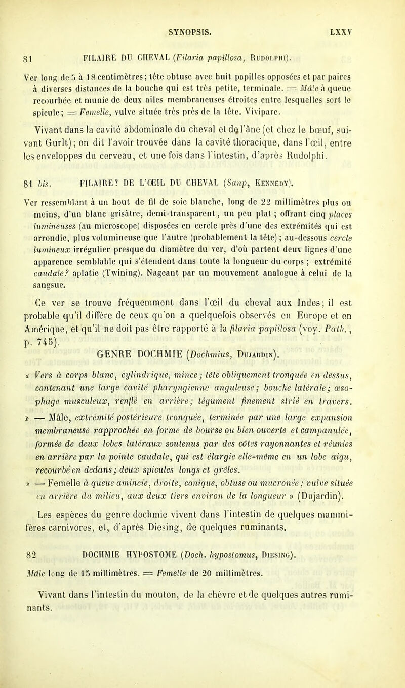 81 PILAIRE DU CHEVAL {Filaria papillosa, Rudolphi). Ver long de 5 à 18 centimètres ; tôtc obtuse avec huit papilles opposées et par paires à diverses distances de la bouche qui est tvts petite, terminale. = Hldleà queue recourbée et munie de deux ailes membraneuses étroites entre lesquelles sort lo spicule; = Femelle, vulve située très près de la tète. Vivipare. Vivant dans !a cavité abdominale du cheval et dQl'âne (el chez le bœuf, sui- vant Gurlt) ; on dit l'avoir trouvée dans la cavité Ihoracique, dans l'œil, entre les enveloppes du cerveau, et une fois dans l'inleslin, d'après Rudolphi. 81 bis. PILAIRE? DE L'OEIL DU CHEVAL {Sanp, Kennedy), Ver ressemblant à un bout de fil de soie blanche, long de 22 millimètres plus ou moins, d'un blanc grisâtre, demi-transparent, un peu plat; offrant cinq jj^aces lumineuses (au microscope) disposées en cercle près d'une des extrémités qui est arrondie, plus volumineuse que l'autre (probablement la tête) ; au-dessous cercle lumineux irrégulier presque du diamètre du ver, d'où partent deux lignes d'une apparence semblable qui s'étendent dans toute la longueur du corps ; extrémité caudale? aplatie (Twining). Nageant par un mouvement analogue à celui de la sangsue. Ce ver se trouve fréquemment dans l'œil du cheval aux Indes; il est probable qu'il diffère de ceux qu'on a quelquefois observés en Europe et on Amérique, el qu'il ne doit pas être rapporté à la filaria papillosa (voy. Palli., p. 745). GENRE DOCHMIE {Dochmius, Dujardin). « Vers à corps blanc, cylindrique, mince; téle obliquement tronquée en dessus, contenant une large cavité pharyngienne anguleuse; bouche latérale; œso- phage musculeux, renflé en arrière; tégument finement strié en travers. » — Mâle, extrémité postérieure tronquée, terminée par une large expansion membraneuse rapprochée en forme de bourse ou bien ouverte et campanuléc, formée de deux lobes latéraux soutenus par des côtes rayonnantes el réunies en arrière par la pointe caudale, qui est élargie elle-même en un lobe aigu, recourbé en dedans; deux spicules longs et grêles. » — Femelle à queue amincie, droite, conique, obtuse ou mucronée ; vulve située en arrière du milieu, aux deux tiers environ de la longueur » [Dujardin). Les espèces du genre dochmie vivent dans l'intestin de quelques mammi- fères carnivores, et, d'après Die^ing, de quelques ruminants. 82 DOCHMIE HYPOSTOME (Dock. Injpostomus, Diesing). l\ldle long de 13 millimètres. = Femelle de 20 millimètres. Vivant dans l'intestin du mouton, de la chèvre elde quelques autres rumi- nants.