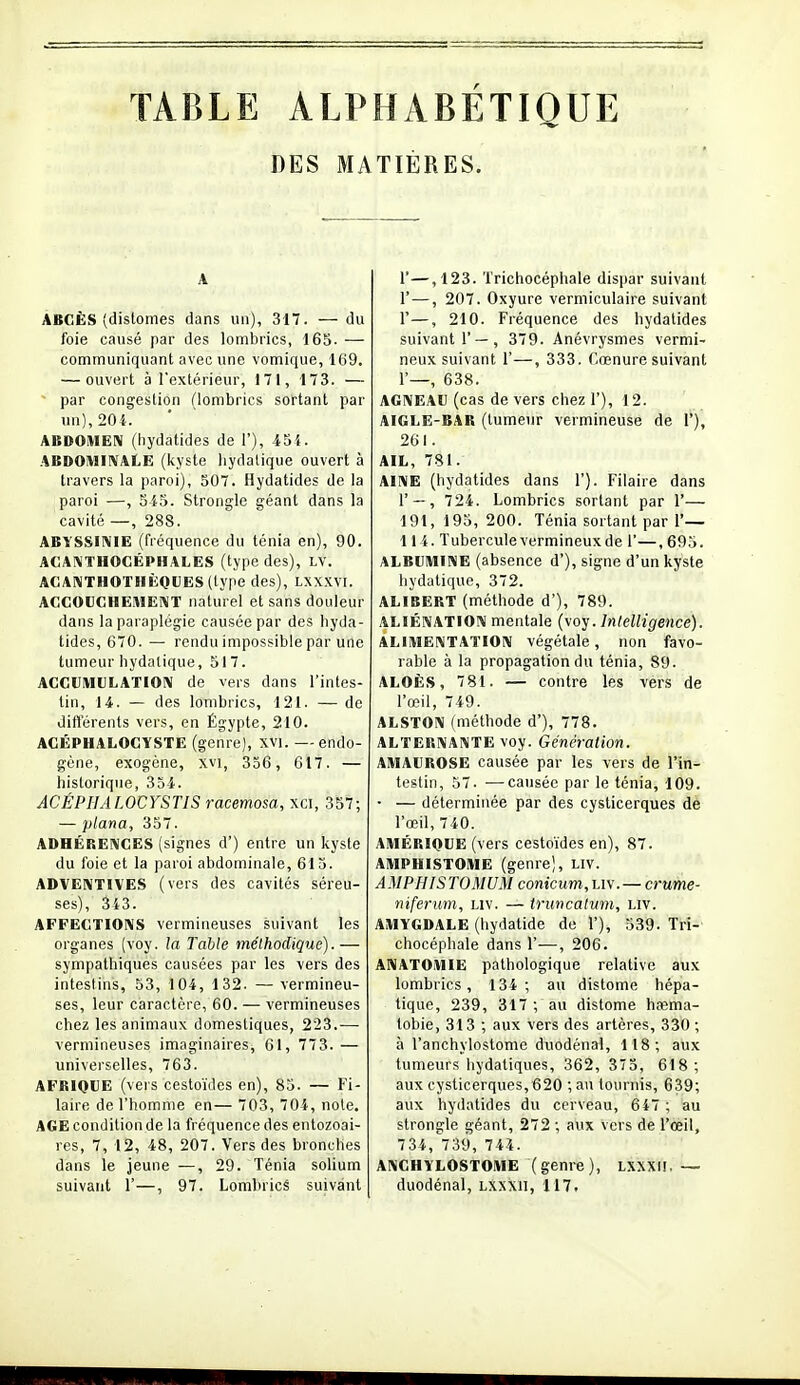 TABLE ALPHABETIQUE DES MATIÈRES. A ABCÈS (distoines dans un), 317. —du foie causé par des lombrics, 165. — communiquant avec une vomique, 169. — ouvert à l'extérieur, 171, 173. — ' par congestion (lombrics sortant par un), 204. ABDOMEN (hydatides de 1'), 4Si. ABDOIVIIIVAL.E (kyste liydalique ouvert à travers la paroi), 507. Hydatides de la paroi —, 5i5. Strongle géant dans la cavité —, 288. ABYSSINIE (fréquence du ténia en), 90. ACAIVTHOCÉPHALES (type des), LV. ACAKTHOTHÈQUES (type des), LXXXVI. ACCOCCHEMEIVT naturel et sans douleur dans la paraplégie causée par des hyda- tides, 670. — rendu impossible par une tumeur liydalique, 517. ACCUMULATIOIV de vers dans l'intes- tin, 14. — des lombrics, 121. — de différents vers, en Égypte, 210. ACÉPHALOCYSTE (genre), xvi. —endo- gène, exogène, xvi, 356, 617. — historique, 35-i. ACÉPIIALOCYSTIS racemosa, xci, 357; — plana, 357. ADHÉREI\GES (signes d') entre un kyste du foie et la paroi abdominale, 615. ADVEIVTIVES (vers des cavités séreu- ses), 3i3. AFFECTIO!\S vermineuses suivant les organes (voy. la Table mélhodique).— sympathiques causées par les vers des intestins, 53, 104, 132. — vermineu- ses, leur caractère, 60. — vermineuses chez les animaux domestiques, 223.— vermineuses imaginaires, 61, 773. — universelles, 763. AFRIQUE (veis cestoïdes en), 85. — Pi- laire de l'homme en— 703, 704, noie. AGE condition de la fréquence des entozoai- res, 7, 12, 48, 207. Vers des bronches dans le jeune —, 29. Ténia solium suivant 1'—, 97. Lombrics suivant r—,123. Trichocéphale dispar suivant r —, 207. Oxyure vermiculaire suivant r—, 210. Fréquence des hydatides suivant 1' — , 379. Anévrysmes vermi- neux suivant 1'—, 333. Cœnure suivant 1'—, 638. AGNEAU (cas de vers chez 1'), 12. AIGLE-BAR (tumeur vermineuse de 1'), 261. AIL, 781. AINE (hydatides dans 1'). Pilaire dans 1'-, 724. Lombrics sortant par 1'— 191, 195, 200. Ténia sortant par 1'— 114. Tubercule vermineuxde 1'—, 695. ALBUMINE (absence d'), signe d'un kyste hydatique, 372. ALIBERT (méthode d'), 789. ALIÉNATION mentale {\oy. Inlelligence). ALIMENTATION végétale, non favo- rable à la propagation du ténia, 89. ALGÈH, 781. — contre les vers de l'œil, 749. ALSTON (méthode d'), 778. ALTERNANTE voy. Génération. AMAUROSE causée par les vers de l'in- testin, 57. —causée par le ténia, 109. • — déterminée par des cysticerques de l'œil, 740. AMÉRIQUE (vers cestoïdes en), 87. AMPHISTOME (genre), Liv. AMP MIS TOMUM conicum, liv. — crume- niferum, uv. — trimcalmn, liv. AMYGDALE (hydatide de 1'), 539. Tri- chocéphale dans r—, 206. ANATOMIE pathologique relative aux lombrics, 134; au distome hépa- tique, 239, 317 ; au distome hœma- tobie, 313 ; aux vers des artères, 330 ; à l'anchylostome duodénal, 118; aux tumeurs hydatiques, 362, 373, 618; aux cysticerques,620 ; an tournis, 639; aux hydatides du cerveau, 647 ; au strongle géant, 272 ; aux vers de l'œil, 734,739, 744. ANCHYLOSTOME (genre), LXXXII. — duodénal, Lxxxii, 117.