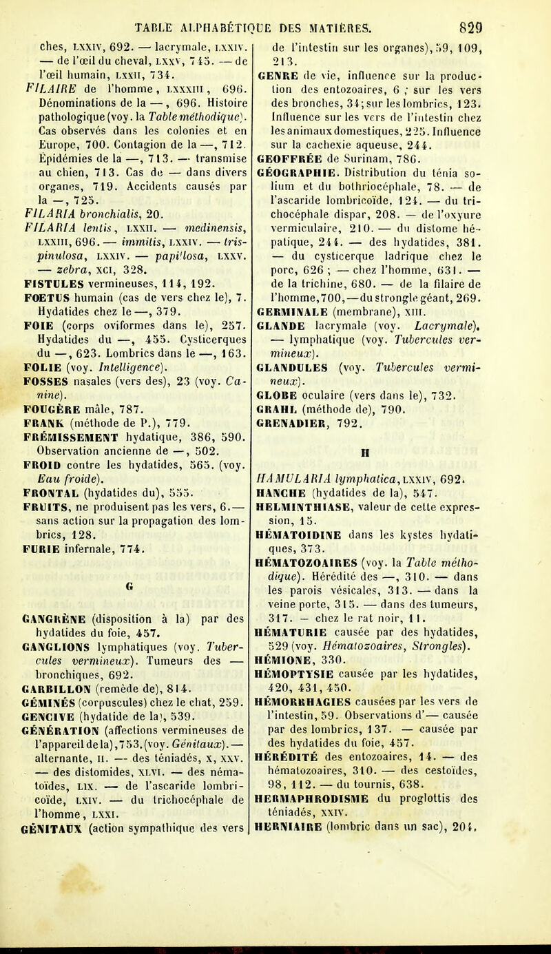 ches, Lxxiv, 692. — lacrymale, i.xxiv. — de l'œil du cheval, LXxv, 7 45. — de l'œil iiumain, i-xxii, 734. PILAIRE de l'homme, lxxxiii , 696 Dénominations de la — , 696. Histoire pathologique (voy. la Tahlemélhodiquc]. Cas observés dans les colonies et en Europe, 700. Contagion de la—, 712. Épidémies de la —, 713. — transmise au chien, 713. Cas de — dans divers organes, 719. Accidents causés par la —, 725. FIL ARIA bronchialis, 20. FILARIA leyiiis, Lxxii. — medinensis, Lxxiii, 696.— immitis, lxxiv. — Iris- pinulosa, lxxiv. — papi'losa, lxxv. — zébra, xci, 328. FISTULES vermineuses, 114, 192. FOETUS humain (cas de vers chez le), 7. Hydatides chez le—, 379. FOIE (corps oviformes dans le), 257. Hydatides du —, 453. Cyslicerques du —, 623. Lombrics dans le —, 163. FOLIE (voy. Inlelligence). FOSSES nasales (vers des), 23 (voy. Ca- nine). FOUGÈRE mâle, 787. FRANK (méthode de P.), 779. FRÉMISSEMENT hydatique, 386, 590. Observation ancienne de —, 502. FROID contre les hydatides, 565. (voy. Eau froide). FRONTAL (hydatides du), 555. FRUITS, ne produisent pas les vers, 6.— sans action sur la propagation des lom- brics, 128. FURIE infernale, 774. G GANGRÈNE (disposition à la) par des hydatides du foie, 457. GANGLIONS lymphatiques (voy. Tuber- cules vermineux). Tumeurs des — bronchiques, 692. GARBILLON (remède de), 814. GÉMINÉS (corpuscules) chez le chat, 259. GENCIVE (hydatide de la;, 539. GÉNÉRATION (affections vermineuses de l'cippareil de la), 7 53. (voy. Génitaux). — alternante, ii. — des téniadés, x, xxv. — des distomides, xlvi. — des néma- toïdes, Lix. — de l'ascaride lombri- coïde, LXiv. — du trichocéphale de l'homme, lxxi. GÉNITAUX (action sympathique des vers de l'intestin sur les organes), 59, 109, 213. GENRE de vie, influence sur la produc- tion des entozoaires, 6 ; sur les vers des bronches, 34; sur les lombrics, 123. Influence sur les vers de l'intestin chez lesanimauxdomestiques, 225. Influence sur la cachexie aqueuse, 244. GEOFFRÉE de Surinam, 786. GÉOGRAPHIE. Distribution du ténia so- liimi et du bothriocéphale, 78. — de l'ascariiie lombricoide. 124. — du tri- chocéphale dispar, 208. — de l'oxyure vermiculaire, 210.— du distome hé-- patique, 24i. — des hydatides, 381. — du cysticerque ladrique chez le porc, 626; —cliez l'homme, 631. — de la trichine, 680. — de la filaire de l'homme,700,—du strongle géant, 269. GERMINALE (membrane), xiii. GLANDE lacrymale (voy. Lacrymale), — lymphatique (voy. Tubercules ver- mineux). GL4NDULES (voy. Tubercules vermi- neux). GLOBE oculaire (vers dans le), 732. GR4HL (méthode de), 790. GRENADIER, 792. HAMULÀRIA lymphalica,L\Ki\', 692. HANCHE (hydatides de la), 547. HELMINTHIASE, valeur de cette expres- sion, 1 5. HÉMATOIDINE dans les kystes hydati- ques, 373. HÉMATOZOAIRES (voy. la Table métho- dique). Hérédité des —, 310. — dans les parois vésicales, 313.—dans la veine porte, 315. — dans des tumeurs, 317. — chez le rat noir, 11. HÉMATURIE causée par des hydatides, 529 (voy. Hématozoaires, Slrongles). HÉMIONE, 330. HÉMOPTYSIE causée par les hydatides, 420, 431,450. HÉMORKHAGIES causées par les vers de l'intestin, 59. Observations d'— causée par des lombrics, 137. — causée par des hydatides du foie, 457. HÉRÉDITÉ des entozoaires, 14. — des hématozoaires, 310. — des cestoïdcs, 98, 112. — du tournis, 038. HERMAPHRODISME du proglottis des téniadés, xxiv. HERNIAIRE (lombric dans un sac), 20i,