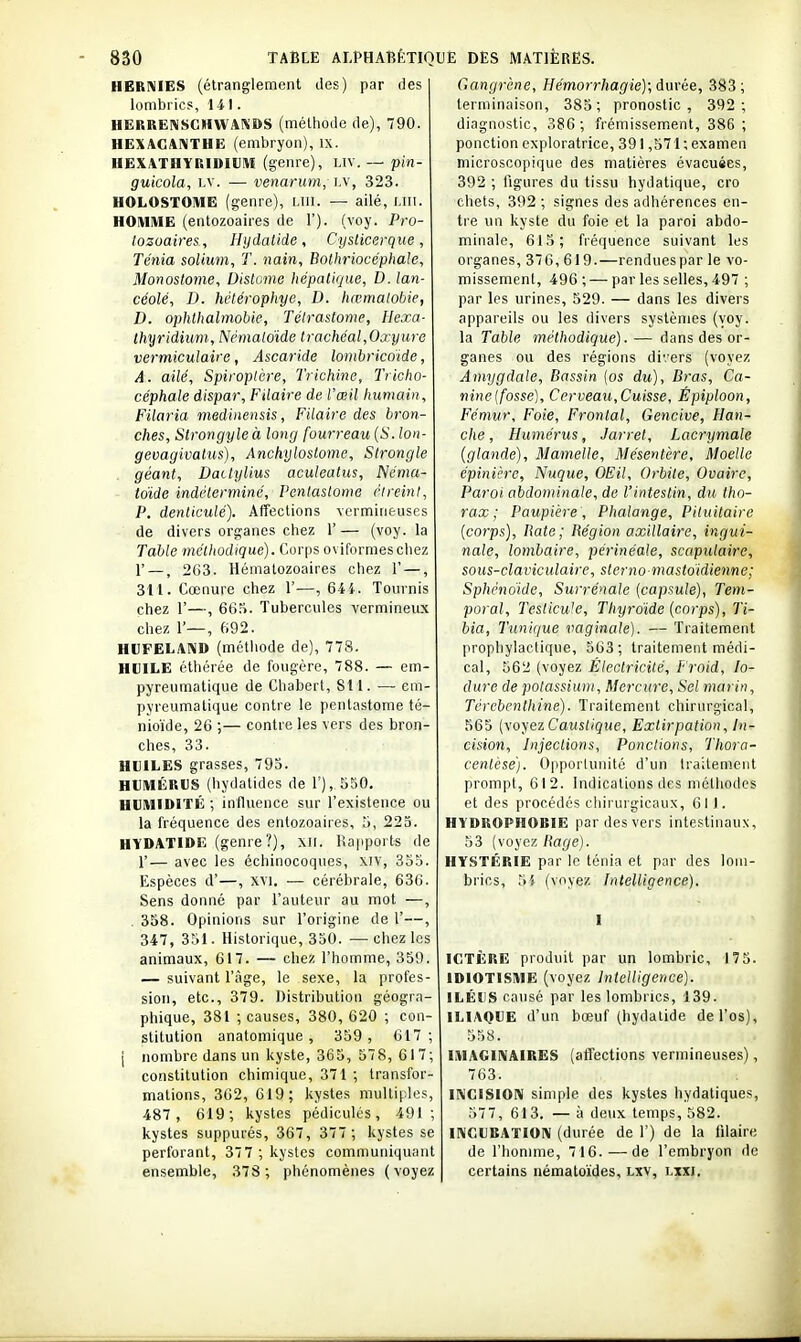 HERMES (étranglement des) par des lombrics, li \. HERRENSCHWAIVDS (méthode de), 790. HEXAGANTHE (embryon), ix. HEXATHYRIDIUIH (genre), uv. — pin- guicola, i.v. —• venarum, ].\, 323. HOLOSTOME (genre), i-lii. — ailé, un. HOMME (entozoaires de 1'). (voy. Pro- tozoaires, Hydatide, Cysticerque, Ténia soUum, T. nain, Bolhriocéphale, Monostome, Distomc hépaliqiie, D. lan- céolé, D. hétérophye, D. hœtnalobie, D. ophthalmobie, Télrastome, Hexa- Ihyridium, Nétnaldide trachéal,Oxyure vermiculaire, Ascaride lombricoide, A. ailé, Spiroptère, Trichine, Tricho- céphale dispar, Filaire de l'œil humain, Filaria medinensis, Filaire des bron- ches, Strongyle à long fourreau {S. Ion- gevagivalus), Anchyloslome, Strongle géant, Datiylius aculeatus, Néma- tdide indéterminé, Pentaslome cireini, P. denliculé). Affections vermineuses de divers organes chez 1'— (voy. la Table méthodique). Corps oviformeschez r —, 263. Hématozoaires chez 1' —, 311. Cœnure chez 1'—, 64 i. Tournis chez r—, 66;i. Tubercules vermineux chez 1'—, 692. HVFELAND (métliode de), 778. HUILE éthérée de fo\igùre, 788. — em- pyreumatique de Chabert, SI l. — em- pyreumatique contre le pentastome té- nioïde, 26 ;— contre les vers des bron- ches, 33. HUILES grasses, 793. HVIVIÉRUS (hydatidcs de 1'), 550. HUMIDITÉ ; influence sur l'existence ou la fréquence des entozoaires, îi, 223. HYDATIDE (genre ?), xii. Rapports de r— avec les échinocoques, xiv, 333. Espèces d'—, xvi. — cérébrale, 636. Sens donné par l'auteur au mot —, . 358. Opinions sur l'origine de 1'—, 347, 351. Historique, 330. —chez les animaux, 617. — chez l'homme, 359. — suivant l'âge, le sexe, la profes- sion, etc., 379. Distribution géogra- phique, 381 ; causes, 380, 620 ; con- stitution anatomique, 359, 617; i nombre dans un kyste, 365, 578, 617; constitution chimique, 371 ; transfor- mations, 362, 619; kystes multiples, 487, 619; kystes pédicules, 491; kystes suppurés, 367, 377 ; kystes se perforant, 37 7 ; kystes communiquant ensemble, 378 ; phénomènes (voyez Gangrène, Hémorrhagie); durée, 383; terminaison, 383; pronostic, 392; diagnostic, 386 ; frémissement, 386 ; ponction exploratrice, 391,571; examen microscopique des matières évacuées, 392 ; figures du tissu hydatique, cro chets, 392 ; signes des adhérences en- tre un kyste du foie et la paroi abdo- minale, 613; fréquence suivant les organes, 376, 619.—rendues par le vo- missement, 496 ; — par les selles, 497 ; par les urines, 529. — dans les divers appareils ou les divers systèmes (voy. la Table méthodique). — dans des or- ganes ou des régions divers (voyez Amygdale, Bassin [os du), Bras, Ca- nine [fosse]. Cerveau,Cuisse, Êpiploon, Fémur, Foie, Frontal, Gencive, Han- che, Humérus, Jarret, Lacrymale {glande). Mamelle, Mésentère, Moelle épinière. Nuque, OEil, Orbite, Ovaire, Paroi abdominale, de l'intestin, du tho- rax; Paupière , Phalange, Pituitaire [corps]. Rate; Région axillaire, ingui- nale, lombaire, périnéale, scapulairc, sous-claviculaire, sterno mastoidienne; Sphénoïde, Surrénale (capsule), Tem- poral, Testicule, Thyroïde (corps), Ti- bia, Tunique vaginale). — Traitement prophylactique, 563; traitement médi- cal, 562 (voyez Électricité, Froid, lo- dure de potassium. Mercure, Sel marin. Térébenthine). Traitement chirurgical, 565 (\oyezCaustique, Extirpation, In^ cision. Injections, Pondions, Thora- cenlèsé). Opporluiiité d'un traitement prompt, 612. Indications des méthodes et des procédés chirurgicaux, 611. HYDROPHOBIE par des vers intestinaux, 53 (voyez Rage). HYSTÉRIE par le ténia et par des lom- brics, 5i (voyez Intelligence). ICTÈRE produit par un lombric, 17 5. IDIOTISME (voyez Intelligence). ILÉUS causé par les lombrics, 139. ILIAQUE d'un bœuf (hydatide de l'os), 558. IMAGINAIRES (affections vermineuses), 763. INCISION simple des kystes hydatiques, 577, 613. — à de\ix temps, 582. INCUBATION (durée de 1') de la filaire de l'iiomme, 716.—de l'embryon de certains némaloïdes, lxv, i.ixi.