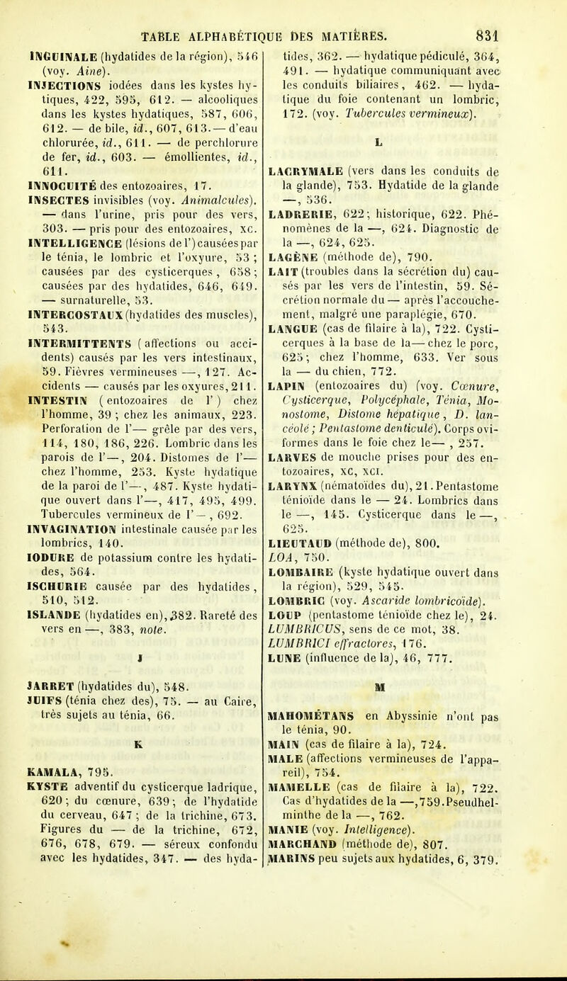 INGUINALE (hydatides de la région), 546 (voy. Aine). IIMJECTIOIVS iodées dans les kystes liy- tiques, 422, 595, 612. — alcooliques dans les kystes hydatiques, 587, (iOG, 612. — de bile, id., 607, 613.—d'eau chlorurée, id., 611. — de perclilonire de fer, id., 603. — émollientes, ici., 611. IMVOCUITÉ des entozoaires, 17. INSECTES invisibles (voy. Animalcules), — dans l'urine, pris pour des vers, 303. — pris pour des entozoaires, xc. INTELLIGENCE (lésions de 1') causées par le ténia, le lombric et l'oxyure, 53 ; causées par des cysticerques, 658 ; causées par des hydatides, 646, 6i9. — surnaturelle, 53. INTERCOSTAUX (hydatides des muscles), 543. INTERMITTENTS ( affections ou acci- dents) causés par les vers intestinaux, 59. Fièvres vermineuses —, 127. Ac- cidents — causés par les oxyures, 211. INTESTIN ( entozoaires de 1' ) chez l'homme, 39; chez les animaux, 223. Perforation de 1'— grêle par des vers, -114, 180, 186,226. Lombric dans les parois de 1'—, 204. Distoaies de 1'— chez l'homme, 253. Kyste hydatique de la paroi de 1'—, 487. Kyste hydati- que ouvert dans 1'—, 417, 495, 499. Tubercules vermineux de 1' — , 692. INVAGINATION intestinale causée parles lombrics, 140. lODURE de potassium contre les hydati- des, 564. ISCHURIE causée par des hvdatides, 510, 512. ISLANDE (liydatides en), 382. Rareté des vers en —, 383, note. i JARRET (hydatides du), 548. JUIFS (ténia chez des), 75. — au Caire, très sujets au ténia, 66. K KAMALA, 795. KYSTE adventif du cysticerque ladrique, 620; du cœnure, 639; de l'hydalide du cerveau, 647 ; de la trichine, 673. Figures du — de la trichine, 672, 676, 678, 679. — séreux confondu avec les hydatides, 347. — des hyda- tides, 362. — hydatique pédiculé, 364, 491. — hydatique communiquant avec les conduits biliaires, 462. —hyda- tique du foie contenant un lombric, 172. (voy. Tubercules vermineux). L LACRYMALE (vers dans les conduits de la glande), 753. Hydatide de la glande —, 536. LADRERIE, 622; historique, 622. Phé- nomènes de la —, 624. Diagnostic de la —, 624, 625. LAGÈNE (méthode de), 790. LAIT (troubles dans la sécrétion du) cau- sés par les vers de l'intestin, 59. Sé- crétion normale du— après l'accouche- ment, malgré une paraplégie, 670. LANGUE (cas de filaire à la), 722. Cysti- cerques à la base de la—chez le porc, 625; chez l'homme, 633. Ver sous la — du chien, 772. LAPIN (entozoaires du) (voy. Cœnure, Cysticerque, l'olycéphale, Ténia, Mo- nostome, Dislome hépatique, D. lan- céolé; Pentaslome denliculé). Corps ovi- furmes dans le foie chez le— , 257. LARVES de mouche prises pour des en- tozoaires, xc, xci. LARYNX (nématoïdes du), 21. Pentastome ténioïde dans le — 24. Lombrics dans le—, 145. Cysticerque dans le—, 625. LIEUTAUD (méthode de), 800. LOA, 750. LOMBAIRE (kyste hydatique ouvert dans la région), 529, 545. LOMBRIC (voy. Ascaride lombricdide). LOUP (pentastome ténioïde chez le), 24. LUMBlilCUS, sens de ce mot, 38. LUMBRICI effractores, 176. LUNE (influence delaj, 46, 777. U MAHOMÊTANS en Abyssinie n'ont pas le ténia, 90. MAIN (cas de filaire à la), 724. MALE (affections vermineuses de l'appa- reil), 754. MAMELLE (cas de filaire à la), 722. Cas d'hydatides de la —,759.Pseudhel- minthe de la .—, 762. MANIE (voy. Intelligence). MARCHAND (métiiode de), 807. MARINS peu sujets aux hydatides, 6, 379.