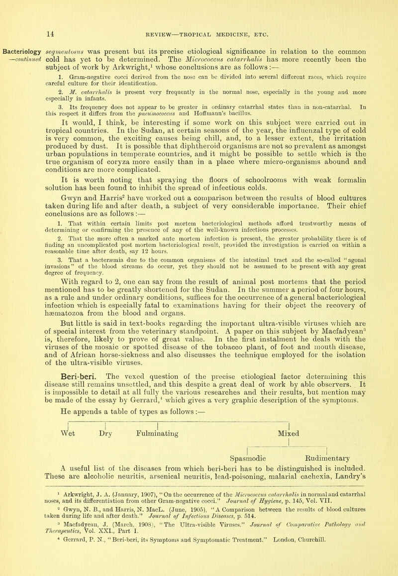 Bacteriology segmentosus was present but its precise etiological significance in relation to the common —continued cold has yet to be determined. The Micrococcus catarrhalis has more recently been the subject of work by Arkwright.^ whose conclusions are as follows:— 1. Gram-negative cocci derived from the nose can be divided into several different races, which require careful culture for their identification. 2. M. catarrhalis is present very frequently in the normal nose, especially in the young and more especially in infants. 3. Its frequency does not appear to be greater in ordinary catarrhal states than in non-catarrhal. In this respect it differs from the pneumococcus and Hoffmann's bacillus. It would, I think, be interesting if some work on this subject were carried out in tropical countries. In the Sudan, at certain seasons of the year, the influenzal type of cold is very common, the exciting causes being chill, and, to a lesser extent, the irritation produced by dust. It is possible that diphtheroid organisms are not so prevalent as amongst urban populations in temperate countries, and it might be possible to settle which is the true organism of coryza more easily than in a place where micro-organisms abound and conditions are more complicated. It is worth noting that spraying the floors of schoolrooms with weak formalin solution has been found to inhibit the spread of infectious colds. Gwyn and Harris^ have worked out a comparison between the results of blood cultures taken during life and after death, a subject of very considerable importance. Their chief conclusions are as follows :— 1. That within certain limits post mortem bacteriological methods afford trustworthy means of determining or confirming the presence of any of the well-known infectious processes. 2. That the more often a marked ante mortem infection is present, the greater probability there is of finding an uncomplicated post mortem bacteriological result, provided the investigation is carried on within a reasonable time after death, say 12 hours. 3. That a bacteraemia due to the common organisms of the intestinal tract and the so-called agonal invasions of the blood streams do occur, yet they should not be assumed to be present with any great degree of frequency. With regard to 2, one can say from the result of animal post mortems that the period mentioned has to be greatly shortened for the Sudan. In the summer a period of four hours, as a rule and under ordinary conditions, suffices for the occurrence of a general bacteriological infection which is especially fatal to examinations having for their object the recovery of hsematozoa from the blood and organs. But little is said in text-books regarding the important ultra-visible viruses which are of special interest from the veterinary standpoint. A paper on this subject by Macfadyean'^ is, therefore, likely to prove of great value. In the first instalment he deals with the viruses of the mosaic or spotted disease of the tobacco plant, of foot and mouth disease, and of African horse-sickness and also discusses the technique employed for the isolation of the ultra-visible viruses. Beri-beri. The vexed question of the precise etiological factor determining this disease still remains unsettled, and this despite a great deal of work by able observers. It is impossible to detail at all fully the various researches and their results, but mention may be made of the essay by Gerrard,^ which gives a very graphic description of the symptoms. He appends a table of types as follows:— Wet Dry Fulminating Spasmodic Eudimentary A useful list of the diseases from which beri-beri has to be distinguished is included. These are alcoholic neuritis, arsenical neuritis, lead-poisoning, malarial cachexia, Landry's 1 Arkwright, J. A. (January, 1907), On the occurrence of the Micrococcus catarrhalis in normal and catarrhal noses, and its differentiation from other Gram-negative cocci. Journal of Hygiene, p. 145, Vol. VII. ^ Gwyn, N. B., and Harris, N. MacL. (June, 190.5),  A Comparison between the results of blood cultures taken during Hfe and after death. Journal of Infectious Diseases, p. 514. ' Macfadyean, J. (March. 1908), The Ultra-visible Viruses. Journal of Comparative Pathologi/ mid * Gerrard, P. N., Beri-beri, its Symptoms and Symptomatic Treatment. London, Churchill. Mixed