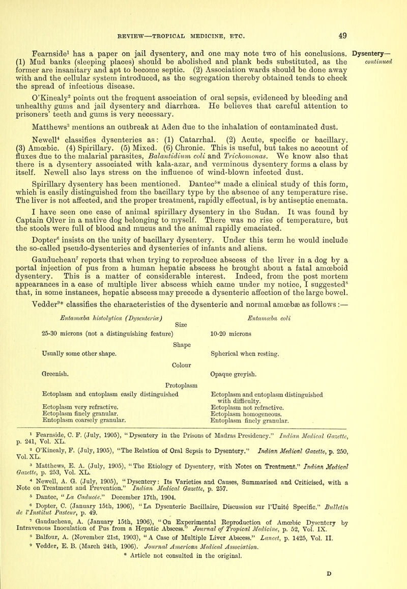 Fearnside^ has a paper on jail dysentery, and one may note two of his conclusions. Dysentery— (1) Mud banks (sleeping places) should be abolished and plank beds substituted, as the continued former are insanitary and apt to become septic. (2) Association wards should be done away with and the cellular system introduced, as the segregation thereby obtained tends to checli the spread of infectious disease. O'Kinealy^ points out the frequent association of oral sepsis, evidenced by bleeding and unhealthy gums and jail dysentery and diarrhcea. He believes that careful attention to prisoners' teeth and gums is very necessary. Matthews^ mentions an outbreak at Aden due to the inhalation of contaminated dust. Newell* classifies dysenteries as: (1) Catarrhal. (2) Acute, specific or bacillary. (3) Amoebic. (4) Spirillary. (5) Mixed. (6) Chronic. This is useful, but takes no account of fluxes due to the malarial parasites, Balantidiiun coli and Trichomonas. We know also that there is a dysentery associated with kala-azar, and verminous dysentery forms a class by itself. Newell also lays stress on the influence of wind-blown infected dust. Spirillai'y dysentery has been mentioned. Dantec^* made a clinical study of this form, which is easily distinguished from the bacillary type by the absence of any temperature rise. The liver is not affected, and the proper treatment, rapidly effectual, is by antiseptic enemata. I have seen one case of animal spirillary dysentery in the Sudan. It was found by Captain Olver in a native dog belonging to myself. There was no rise of temperature, but the stools were full of blood and mucus and the animal rapidly emaciated. Dopter insists on the unity of bacillary dysentery. Under this term he would include the so-called pseudo-dysenteries and dysenteries of infants and aliens. Gauducheau' reports that when trying to reproduce abscess of the liver in a dog by a portal injection of pus from a human hepatic abscess he brought about a fatal amoeboid dysentery. This is a matter of considerable interest. Indeed, from the post mortem appearances in a case of multiple liver abscess which came under my notice, I suggested** that, in some instances, hepatic abscess may precede a dysenteric affection of the large bowel. Vedder'** classifies the characteristics of the dysenteric and normal amoebae as follows :— Entamoeba histolytica (Dysenteriw) Entatnoiba coH Size 25-30 microns (not a distinguishing feature) 10-20 microns Shape Usually some other shape. Spherical when resting. Colour Greenish. Opaque greyish. Protoplasm Ectoplasm and entoplasm easily distinguished Ectoplasm and entoplasm distinguished with difBculty. Ectoplasm very refractive. Ectoplasm not refractive. Ectoplasm finely granular. Ectoplasm homogeneous. Entoplasm coarsely granular. Entoplasm finely granular. 1 Pearnside, C. P. (July, 1905), Dysentery in the Prisons of Madras Presidency. Indian Medical Gazette, p. 241, Vol. XL. 2 O'Kinealy, P. (July, 1905), The Relation of Oral Sepsis to Dysentery. Indian Medical Gazette, p. 250, Vol. XL. ^ Matthews, E. A. (July, 1905), The Etiology of Dysentery, with Notes on Treatment. Indian Medical Gazette, p. 253, Vol. XL.  Newell, A. G. (July, 1905), Dysentery: Its Varieties and Causes, Summarised and Criticised, with a Note on Treatment and Prevention. Indian Medical Gazette, p. 257. 5 Dantec, La Caduciey December 17th, 1904. « Dopter, C. (January 15th, 1906), La Dysenteric Bacillaire, Discussion sur I'Unit^ Specific. Bulletin de Vlnstitut Pasteur, p. 49. ' Gauducheau, A. (January 15th, 1906), On Experimental Reproduction of Amoebic Dysentery by Intravenous Inoculation of Pus from a Hepatic Abscess. Jo^irnal of Tropical Medicine, p. 52, Vol. IX. ^ Balfour, A. (November 21st, 1903),  A Case of Multiple Liver Abscess. Lancet, p. 1426, Vol. II. 9 Vedder, E. B. (March 24th, 1906). Journal American Medical Association. * Article not consulted in the original. D