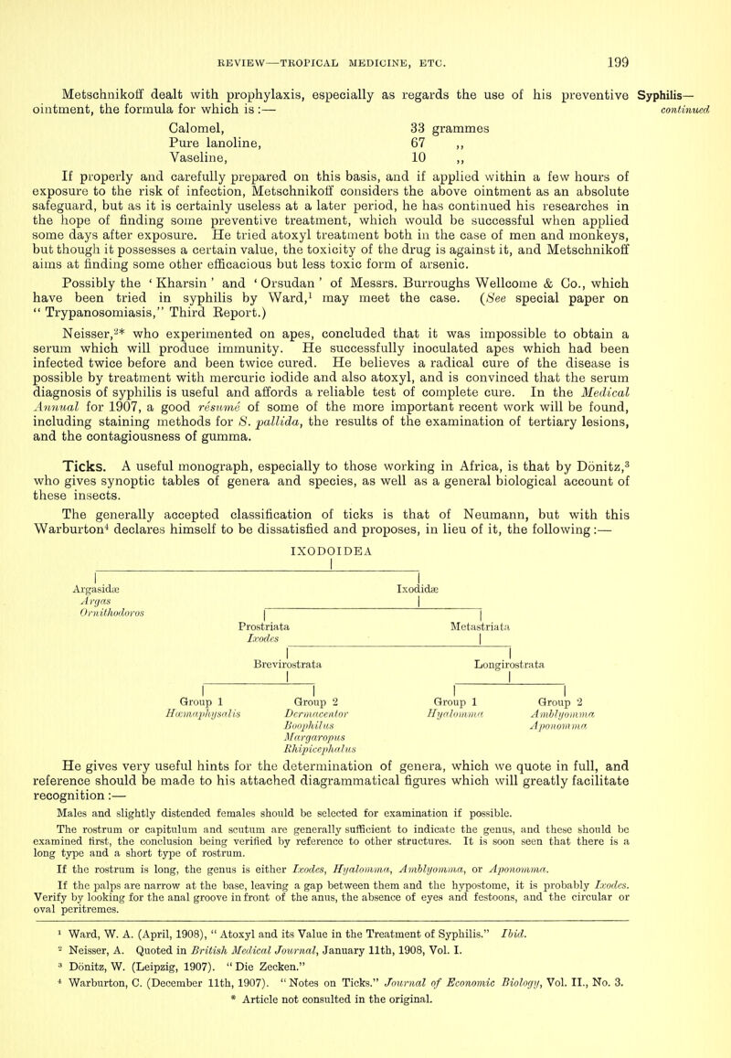 Metschnikoff dealt with prophylaxis, especially as regards the use of his preventive Syphilis- ointment, the formula for which is :— continued Calomel, 33 grammes Pure lanoline, 67 ,, Vaseline, 10 ,, If properly and carefully prepared on this basis, and if applied within a few hours of exposure to the risk of infection, Metschnikoff considers the above ointment as an absolute safeguai'd, but as it is certainly useless at a later period, he has contmued his researches in the hope of finding some preventive treatment, wliich would be successful when applied some days after exposure. He tried atoxyl treatment both in tlie case of men and monkeys, but though it possesses a certain value, the toxicity of the drug is against it, and Metschnikoff aims at finding some other efficacious but less toxic form of arsenic. Possibly the ' Kharsin ' and ' Orsudan ' of Messrs. Burroughs Wellcome & Co., which have been tried in syphilis by Ward,i may meet the case. {See special paper on  Trypanosomiasis, Third Eeport.) Neisser,'-^* who experimented on apes, concluded that it was impossible to obtain a serum which will produce immunity. He successfully inoculated apes which had been infected twice before and been twice cured. He believes a radical cure of the disease is possible by treatment with mercuric iodide and also atoxyl, and is convinced that the serum diagnosis of syphilis is useful and affords a reliable test of complete cure. In the Medical Annual for 1907, a good resume of some of the more important recent work will be found, including staining methods for S. pallida, the results of the examination of tertiary lesions, and the contagiousness of gumma. Ticks. A useful monograph, especially to those working in Africa, is that by Donitz,^ who gives synoptic tables of genera and species, as well as a general biological account of these insects. The generally accepted classification of ticks is that of Neumann, but with this Warburton^ declares himself to be dissatisfied and proposes, in lieu of it, the following:— IXODOIDEA Argasidie Ixodidee A rgns \ Ondlhodoros I Prostriata Metastriata Ixodes ■ I I i Brevirostrata Longirostrata Group 1 Group 2 Group 1 Group 2 Hceiiiajihijsnlis Dcrmncentor Hyalomma Ambhjomma Boophihis Aponomma Margaropus RKipieephalm He gives very useful hints for the determination of genera, which we quote in full, and reference should be made to his attached diagrammatical figures which will greatly facilitate recognition:— Males and slightly distended females should be selected for examination if possible. The rostrum or capitulum and scutum are generally sufficient to indicate the genus, and these should be examined lirst, the conclusion being verified by reference to other structures. It is soon seen that there is a long type and a short type of rostrum. If the rostrum is long, the genus is either Ixodes, Hyalomma, Ambhjomma, or Aponomma. If the palps are narrow at the base, leaving a gap between them and the hypostomc, it is probably Ixodes. Verify by looking for the anal groove in front of the anus, the absence of eyea and festoons, and the circular or oval peritremes. 1 Ward, W. A. (April, 1908),  Atoxyl and its Value in the Treatment of Syphilis. Ibid. 2 Neisser, A. Quoted in British Medical Jour-nal, January 11th, 1908, Vol. I. 3 Donitz, W. (Leipzig, 1907). Die Zecken. * Warburton, C. (December 11th, 1907). Notes on Ticks. Journal of Economic Biology, Vol. II., No. 3.