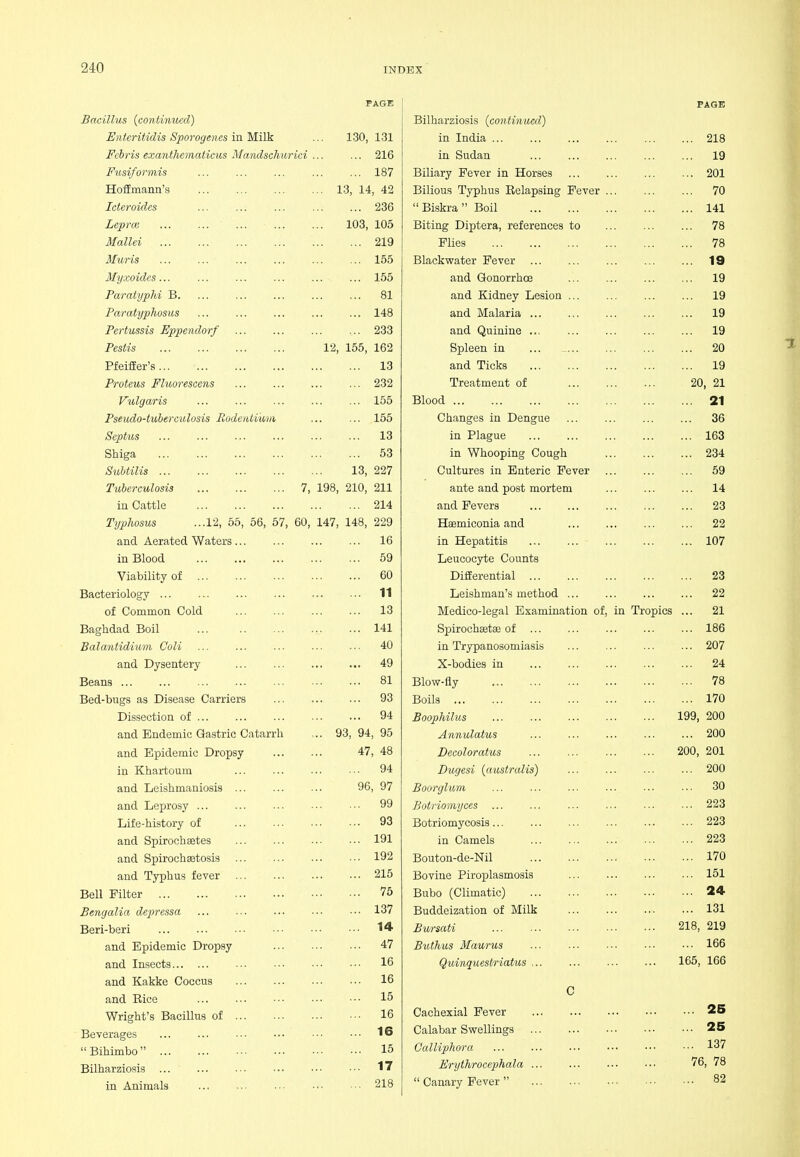 Bacillus {continued) E)ttcTiticLis Spovoycii es in IMilk 130 131 Fchvis exauthcyyictticus Mandschuvici 216 Fusiformis 187 Hoffmann's 13, 14, 42 Icter aides 236 LepTcB 103, 105 Mallei 219 MuTis 155 Myxoides... 155 Pavatyphi B. 81 Parahmhosus 148 Pertussis Eppendorf ... 233 Pcstis ... . •. .. • 12, 155, 162 xJ.ci.XJ.Cl n..> •.. ... . 13 JTI UOt'lvo J/ Vwifl voi/t/ivo ... ... . 232 Vol.!nnv) 'i 155 PsBudo~tv*btyciiliOsis Rodcittviduh 155 tOV/JOlt/o ... .•■ •.. ... . 13 Shiga 53 Suhtilis ... 13, 227 TubcTcV/losis ... ... ... 7, 198, 210, 211 in Cattle 214 Typhosus ...12, 55, 56, 57, 60, 147, 148, 229 and Aerated Waters... 16 in Blood ... ... ... 59 Viability of 60 Raotpvioloo'v ... ... 11 of Common Cold 13 Baghdad Boil 141 Bdlctntidiwni Coli 40 and Dysentery 49 Beans ... 81 Bed-bugs as Disease Carriers 93 Dissection of 94 and Endemic Gastric Catarrh .. 93, 94, 95 and Epidemic Dropsy 47, 48 in Khartoum 94 and Leishmaniosis ... 96, 97 and Leprosy ... 99 Life-history of 93 and Spirochsetes 191 and Spirochsetosis ... ■•• 192 215 JDCil iiitCi ... ••■ ••• ••• • 75 Seiiyixlici depressa ... ••• ..• 137 Jjcxj. Lfcil .•• ... ... ••■ 14 47 and Insects 16 and Kakke Coccus 16 and Rice 15 Wright's Bacillus of 16 Beverages 16 Bihimbo ... 16 Bilharziosis 17 in Animals 218 PAGE Bilharziosis {continiml) in India ... 218 in Sudan 19 Biliary Fever in Horses 201 Bilious Typhus Relapsing Fever . 70 UiSKra Uoil ... 141 Biting Diptera, references to 78 Flies 78 Blackwater Fever 19 and Gonorrhce 19 and Kidney Lesion ... 19 and Malaria 19 and Quinine 19 Spleen in ... 20 ana Ticks 19 Treatment of 20, 21 Blood ... 21 Changes in Dengue 36 in Plague 163 in Whooping Cough OQ/I Cultures in Enteric Fever 09 ante and post mortem 14 and Fevers 23 Haemiconia and 22 in Hepatitis 1 AT lU/ Leucocyte Counts Differential ... 23 Leishman's method ... 22 Medico-legal Examination of. in Tropics ... 21 Spirochsetse of 1 in Trypanosomiasis X-bodies in 24 ±$iow-ny '7« Boils ... t '7n Boophilus ... i-VUf zuu Annulatus ... ... zuu Decolorat'us ZUU, iSUl Dugesi [aiisiraiis) ZUU Boorglum Qn oU Botriomyces ... ... ^JiO Botriomycosis... 223 in Camels Bouton-de-Nil 170 Bovine Piroplaamosis 151 Bubo (Climatic) 24 Buddeization of Milk 131 Bursati ... 218, 219 Buthus Maurus 166 Quinquestriatus 165, 166 c Cachexial Fever 26 Calabar Swellings 25 Callipho7-a 137 Erythrocephala ... 76, 78  Canary Fever  82