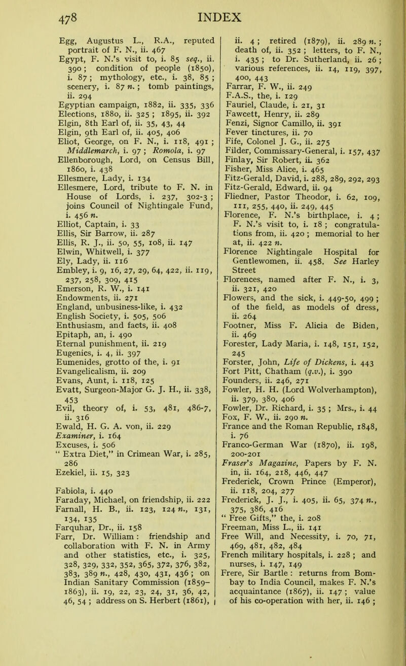 Egg, Augustus L., R.A., reputed portrait of F. N., ii. 467 Egypt, F. N.'s visit to, i. 85 seq., ii. 390; condition of people (1850), i. 87 ; mythology, etc., i. 38, 85 ; scenery, i. 87 n.; tomb paintings, ii. 294 Egyptian campaign, 1882, ii. 335, 336 Elections, 1880, ii. 325 ; 1895, ii. 392 Elgin, 8th Earl of, ii. 35, 43, 44 Elgin, 9th Earl of, ii. 405, 406 Eliot, George, on F. N., i. 118, 491 ; Middlemarch, i. 97 ; Romola, i. 97 Ellenborough, Lord, on Census Bill, i860, i. 438 Ellesmere, Lady, i. 134 Ellesmere, Lord, tribute to F. N. in House of Lords, i. 237, 302-3 ; joins Council of Nightingale Fund, i. 456 n. Elliot, Captain, i. 33 Ellis, Sir Barrow, ii. 287 Ellis, R. J., ii. 50, 55, 108, ii. 147 Elwin, Whitwell, i. 377 Ely, Lady, ii. 116 Embley, i. 9, 16, 27, 29, 64, 422, ii. 119, 237, 258, 309, 415 Emerson, R. W., i. 141 Endowments, ii. 271 England, unbusiness-like, i. 432 English Society, i. 505, 506 Enthusiasm, and facts, ii. 408 Epitaph, an, i. 490 Eternal punishment, ii. 219 Eugenics, i. 4, ii. 397 Eumenides, grotto of the, i. 91 Evangelicalism, ii. 209 Evans, Aunt, i. 118, 125 Evatt, Surgeon-Major G. J. H., ii. 338, 453 Evil, theory of, i. 53, 481, 486-7, ii. 316 Ewald, H. G. A. von, ii. 229 Examiner, i. 164 Excuses, i. 506  Extra Diet, in Crimean War, i. 285, 286 Ezekiel, ii. 15, 323 Fabiola, i. 440 Faraday, Michael, on friendship, ii. 222 Farnall, H. B., ii. 123, 124«., 131, 134, 135 Farquhar, Dr., ii. 158 Farr, Dr. William: friendship and collaboration with F. N. in Army and other statistics, etc., i. 325, 328, 329, 332, 352, 365, 372, 376, 382, 383, 389 «., 428, 430, 431, 436 ; on Indian Sanitary Commission (1859- 1863), ii. 19, 22, 23, 24, 31, 36, 42, 46, 54 ; address on S. Herbert (1861), | ii. 4 ; retired (1879), ii. 289 n. ; death of, ii. 352 ; letters, to F. N., i- 435 ; to Dr. Sutherland, ii. 26 ; various references, ii. 14, 119, 397, 4°o, 443 Farrar, F. W., ii. 249 F.A.S., the, i. 129 Fauriel, Claude, i. 21, 31 Fawcett, Henry, ii. 289 Fenzi, Signor Camillo, ii. 391 Fever tinctures, ii. 70 Fife, Colonel J. G., ii. 275 Filder, Commissary-General, i. 157, 437 Finlay, Sir Robert, iL 362 Fisher, Miss Alice, i. 465 Fitz-Gerald, David, i. 288, 289, 292, 293 Fitz-Gerald, Edward, ii. 94 Fliedner, Pastor Theodor, i. 62, 109, i, 255, 440, ii. 249, 445 Florence, F. N.'s birthplace, i. 4; F. N.'s visit to, i. 18 ; congratula- tions from, ii. 420 ; memorial to her at, ii. 422 n. Florence Nightingale Hospital for Gentlewomen, ii. 458. See Harley Street Florences, named after F. N., i. 3, ii. 321, 420 Flowers, and the sick, i. 449-50, 499 ; of the field, as models of dress, ii. 264 Footner, Miss F. Alicia de Biden, ii. 469 Forester, Lady Maria, i. 148, 151, 152, 245 Forster, John, Life of Dickens, i. 443 Fort Pitt, Chatham (q.v.), i. 390 Founders, ii. 246, 271 Fowler, H. H. (Lord Wolverhampton), ii- 379. 380. 406 Fowler, Dr. Richard, i. 35 ; Mrs., i. 44 Fox, F. W., ii. 290 m. France and the Roman Republic, 1848, i. 76 Franco-German War (1870), ii. 198, 200-201 Fraser's Magazine, Papers by F. N. in, ii. 164, 218, 446, 447 Frederick, Crown Prince (Emperor), ii. 118, 204, 277 Frederick, J. J., i. 405, ii. 65, 374 n., 375, 386, 416  Free Gifts, the, i. 208 Freeman, Miss L., ii. 141 Free Will, and Necessity, i. 70, 71, 469, 481, 482, 484 French military hospitals, i. 228 ; and nurses, i. 147, 149 Frere, Sir Bartle : returns from Bom- bay to India Council, makes F. N.'s acquaintance (1867), ii. 147 ; value of his co-operation with her, ii. 146 ;