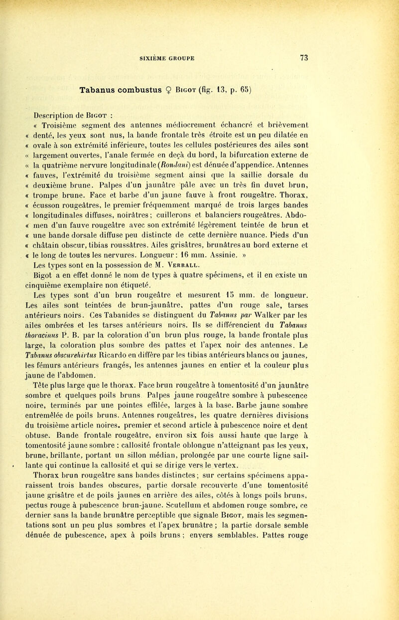 Tabanus combustus 9 Bigot (fig. 13, p. 65) Description de Bigot : <( Troisième segment des antennes médiocrement échancré et brièvement « denté, les yeux sont nus, la bande frontale très étroite est un peu dilatée en « ovale à son extrémité inférieure, toutes les cellules postérieures des ailes sont « largement ouvertes, l'anale fermée en deçà du bord, la bifurcation externe de « la quatrième nervure longitudinale (RonJaHÏ) est dénuée d'appendice. Antennes « fauves, l'extrémité du troisième segment ainsi que la saillie dorsale du « deuxième brune. Palpes d'un jaunâtre pâle avec un très fin duvet brun, « trompe brune. Face et barbe d'un jaune fauve à front rougeâtre. Thorax, « écusson rougeâtres, le premier fréquemment marqué de trois larges bandes « longitudinales diffuses, noirâtres; cuillerons et balanciers rougeâtres. Abdo- « men d'un fauve rougeâtre avec son extrémité légèrement teintée de brun et « une bande dorsale diffuse peu distincte de cette dernière nuance. Pieds d'un « châtain obscur, tibias roussâtres. Ailes grisâtres, brunâtres au bord externe et . « le long de toutes les nervures. Longueur: 16 mm. Assinie. » Les types sont en la possession de M. Verrall. Bigot a en effet donné le nom de types à quatre spécimens, et il en existe un cinquième exemplaire non étiqueté. Les types sont d'un brun rougeâtre et mesurent 15 mm. de longueur. Les ailes sont teintées de brun-jaunâtre, pattes d'un rouge sale, tarses antérieurs noirs. Ces Tabanides se distinguent du Tabanus /jar Walker par les ailes ombrées et les tarses antérieurs noirs. Ils se différencient du Tabanus thoracinus P. B. par la coloration d'un brun plus rouge, la bande frontale plus large, la coloration plus sombre des pattes et l'apex noir des antennes. Le Tabanus obscurehirtus Ricardo en diffère par les tibias antérieurs blancs ou jaunes, les fémurs antérieurs frangés, les antennes jaunes en entier et la couleur plus jaune de l'abdomen. Tête plus large que le thorax. Face brun rougeâtre à tomentosité d'un jaunâtre sombre et quelques poils bruns Palpes jaune rougeâtre sombre à pubescence noire, terminés par une pointes eiïîlée, larges à la base. Barbe jaune sombre entremêlée de poils bruns. Antennes rougeâtres, les quatre dernières divisions du troisième article noires, premier et second article à pubescence noire et dent obtuse. Bande frontale rougeâtre, environ six fois aussi haute que large à tomentosité jaune sombre : callosité frontale oblongue n'atteignant pas les yeux, brune, brillante, portant un sillon médian, prolongée par une courte ligne sail- lante qui continue la callosité et qui se dirige vers le vertex. _ , ; Thorax brun rougeâtre sans bandes distinctes ; sur certains spécimens appa- raissent trois bandes obscures, partie dorsale recouverte d'une tomentosité jaune grisâtre et de poils jaunes en arrière des ailes, côtés à longs poils bruns, pectus rouge à pubescence brun-jaune. Scutellum et abdomen rouge sombre, ce dernier sans la bande brunâtre perceptible que signale Bigot, mais les segmen- tations sont un peu plus sombres et l'apex brunâtre ; la partie dorsale semble dénuée de pubescence, apex à poils bruns ; envers semblables. Pattes rouge