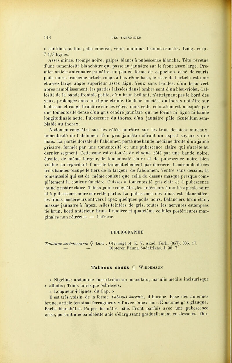 « cantibus pictum ; aise cinereae, venis omnibus brunneo-cinctis. Long. corp. 7 1/3 lignes. Assez mince, trompe noire, palpes blancs à pubescence blanche. Tête revêtue d'une tomentosité blanchâtre qui passe au jaunâtre sur le front assez large. Pre- mier article antennaire jaunâtre, un peu en forme de capuchon, orné de courts poils noirs, troisième article rouge à l'extrême base, le reste de l'article est noir et assez large, angle supérieur assez aigu. Yeux sans bandes, d'un beau vert après ramollissement, les parties laissées dans l'ombre sont d'un bleu-violet. Cal- losité de la bande frontale petite, d'un brun brillant, n'atteignant pas le bord des yeux, prolongée dans une ligne étroite. Couleur foncière du thorax noirâtre sur le dessus et rouge brunâtre sur les côtés, mais cette coloration est masquée par une tomentosité dense d'un gris cendré jaunâtre qui ne forme ni ligne ni bande longitudinale nette. Pubescence du thorax d'un jaunâtre pâle. Scutellum sem- blable au thorax. Abdomen rougeâtre sur les côtés, noirâtre sur les trois derniers anneaux, tomentosité de l'abdomen d'un gris jaunâtre offrant un aspect soyeux vu de biais. La partie dorsale de l'abdomen porte une bande médiane droite d'un jaune grisâtre, formée par une tomentosité et une pubescence claire qui s'arrête au dernier segment. Cette zone est entourée de chaque côté par une bande noire, étroite, de même largeur, de tomentosité claire et de pubescence noire, bien visible en regardant l'insecte tangentiellement par derrière. L'ensemble de ces trois bandes occupe le tiers de la largeur de l'abdomen. Ventre sans dessins, la tomentosité qui est de même couleur que celle du dessus masque presque com- plètement la couleur foncière. Cuisses à tomentosité gris clair et à pubescence jaune grisâtre claire. Tibias jaune rougeâtre, les antérieurs à moitié apicale noire et à pubescence noire sur cette partie. La pubescence des tibias est blanchâtre, les tibias postérieurs ont vers l'apex quelques poils noirs. Balanciers brun clair, massue jaunâtre à l'apex. Ailes teintées de gris, toutes les nervures estompées de brun, bord antérieur brun. Première et quatrième cellules postérieures mar- ginales non rétrécies. — Cafrerie. BIBLIOGRAPHIE Tabanus sericiventris 9 Lœw : Ofversigt of. K. V. Akad. Forh. (857), 335, 17. — — Dipteren Fauna Sudafrikâs, I, 38, 7. Tabanus nanus 9 Wiedemann « Nigellus; abdomine fusco trifariam maculato, maculis mediis incisurisque « albidis ; Tibiis tarsisque ochraceis. (( Longueur 4 lignes, du Cap. » 11 est très voisin de la forme Tabanus borealis, d'Europe. Base des antennes brune, article terminal ferrugineux vif avec l'apex noir. Epistome gris glauque. Barbe blanchâtre. Palpes brunâtre pâle. Front parfois avec une pubescence grise, portant une bandelette unie s'élargissant graduellement en dessous. Tho-