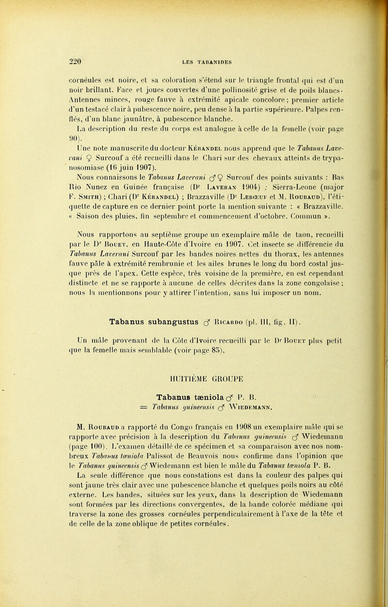 cornéules est noire, et sa coloration s'étend sur le triangle frontal qui est d'un noir brillant. Face et joues couvertes d'une pollinosité grise et de poils blancs- Antennes minces, rouge fauve à extrémité apicale concolore ; premier article d'un testacé clair à pubescence noire, peu dense à la partie supérieure. Palpes ren- flés, d'un blanc jaunâtre, à pubescence blanche. I^a description du reste du corps est analogue à celle de la femelle (voir page 00). Une note manuscrite du docteur Kéiiandel nous apprend que le Tabmms Lave- rani 9 Surcouf a été recueilli dans le Chari sur des chevaux atteints de trypa- nosomiase (16 juin 1907). Nous connaissons le Tabanus Laverani (j*Ç Surcouf des points suivants : Bas Rio Nunez en Guinée française (D'' Laverax 1904) : Sierra-Leone (major P. Smith) ; Chari (!)'' Kérandel) ; Brazzaville (D^ Lebœuf et 31. Roubaud), l'éti- quette de capture en ce dernier point porte la mention suivante : « Brazzaville. « Saison des pluies, fin septembre et commencement d'octobre. Commun ». Nous rapportons au septième groupe un exemplaire maie de taon, recueilli par le D Iîouet, en Haute-Côte d'Ivoire en 1907. Cet insecte se différencie du Tabanns Laverani Surcouf par les bandes noires nettes du thorax, les antennes fauve paie à extrémité rembrunie et les ailes brunes le long du bord costal jus- que près de l'apex. Cette espèce, très voisine de la première, en est cependant distincte et ne se rapporte à aucune de celles décrites dans la zone congolaise ; nous la mentionnons pour y attirer l'intention, sans lui imposer un nom, Tabanus subangustus Ricardo (pl. IH, fig. II). Un mâle provenant de la Cote d'Ivoire recueilli par le D Bouet plus petit que la femelle mais semblable (voir page 83), HUITIÈME GROUPE Tabanus tseniolacf P- B. = Tabanus (/uineensis çf Wiedemann. M. Roubaud a rapporté du Congo français en 1908 un exemplaire màle qui se rapporte avec précision à la description du Tabanus guineensis Wiedemann (page 100). 1/exaiuen détaillé de ce spécimen et sa comparaison avec nos nom- breux Tabanus tœniola Palissot de Beauvois nous confirme dans l'opinion que le Tabanus //m'«<?ens(S Wiedemann est bien le mâle du Tabanus tœniola P. B. La seule différence que nous constations est dans la couleur des palpes qui sont jaune très clair avec une pubescence blanche et quelques poils noirs au côté externe. Les bandes, situées sur les yeux, dans la description de Wiedemann sont formées par les directions convergentes, de la bande colorée médiane qui traverse la zone des grosses cornéules perpendiculairement à l'axe de la tète et de celle delà zone oblique de petites cornéules.