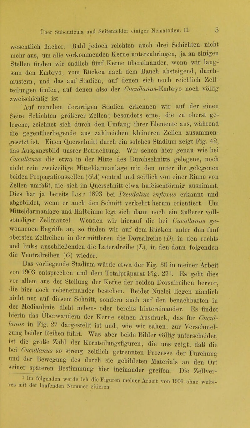 wesentlich, flacher. Bald jedoch reichten auch drei Schichten nicht mehr aus, um alle vorkommenden Kerne unterzubringen, ja an einigen Stellen finden wir endlich fünf Kerne übereinander, wenn wir lang- sam den Embryo, vom Rückeu nach dem Bauch absteigend, durch- mustern, und das auf Stadien, auf denen sich noch reichlich Zell- teilungen finden, auf denen also der Citcuttanus-Rmbvyo noch völlig- zweischichtig ist. Auf manchen derartigen Stadien erkennen wir auf der einen Seite Schichten größerer Zellen; besonders eine, die zu oberst ge- legene, zeichnet sich durch den Umfang ihrer Elemente aus, während die gegenüberliegende aus zahlreichen kleineren Zellen zusammen- gesetzt ist. Einen Querschnitt durch ein solches Stadium zeigt Fig. 42, das Ausgangsbild unsrer Betrachtung. Wir sehen hier genau wie bei Cueullanus die etwa in der Mitte des Durchschnitts gelegene, noch nicht rein zweizeilige Mitteldarmanlage mit den unter ihr gelegenen beiden Propagationszellen (GA) ventral und seitlich von einer Rinne von Zellen umfaßt, die sich im Querschnitt etwa hufeisenförmig ausnimmt. Dies hat ja bereits List 1893 bei Pseudalius mflexus erkannt und abgebildet, wenn er auch den Schnitt verkehrt herum orientiert. Um Mitteldarmanlage und Halbrinne legt sich dann noch ein äußerer voll- ständiger Zellmantel. Wenden wir hierauf die bei Cueullanus ge- wonnenen Begriffe an, so finden wir auf dem Rücken unter den fünf obersten Zellreihen in der mittleren die Dorsalreihe (D), in den rechts und links anschließenden die Lateralreihe (L), in den dann folgenden die Ventralreihen (G) wieder. Das vorliegende Stadium würde etwa der Fig. 30 in meiner Arbeit von 1903 entsprechen und dem Totalpräparat Fig. 27 Es geht dies vor allem aus der Stellung der Kerne der beiden Dorsalreihen hervor, die hier noch nebeneinander bestehen. Beider Nuclei liegen nämlich nicht nur auf diesem Schnitt, sondern auch auf den benachbarten in der Medianlinie dicht neben- oder bereits hintereinander. Es findet hierin das Überwandern der Kerne seinen Ausdruck, das für Cueul- lanus in Fig. 27 dargestellt ist und, wie wir sahen, zur Verschmel- zung beider Reihen fuhrt. Was aber beide Bilder völlig unterscheidet, ist die große Zahl der Kernteilungsfiguren, die uns zeigt, daß die bei Cucidlanus so streng zeitlich getrennten Prozesse der Furchung und der Bewegung des durch sie gebildeten Materials an den Ort 8einer späteren Bestimmung hier ineinander greifen. Die Zellver- 1 Im folgenden werde ich die Figuren meiner Arbeit von 1906 ohne weite- res mit der laufenden Nummer zitieren.