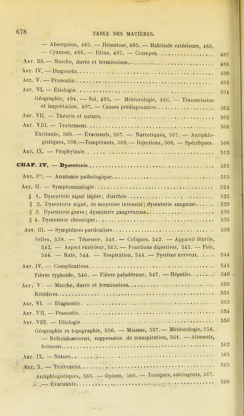 1 678 TABLE DES MATIÈRES. — Absorption, 485. — Hématose, 485. — Habitude extérieure, 486. — Cyanose, 486. — Urine, 487. — Crampes 487 Art. ni. — Marche, durée et terminaison 488 Aut. IV. — Diagnostic 4gQ Art. V. — Pronostic 492 Art. VI.—Étiologie ^94 Géographie, 494. — Sol, 495. — Météorologie, 496. — Transmission et importation, 497. — Causes prédisposantes 502 Art. VII. — Théorie et nature 5O3 Art. Vlil.— Traitement 506' Excitants, 506. — Évacuants, 507. — Narcotiques, 507. — Anliphlo- gistiques, 508.—Tempérants, 508.— Injections, 508. — Spécifiques. 508 Art. IX. — Prophylaxie 512 CHAP. IV. — Dysenterie 515 Art. l'. — Anatomie pathologique 515 Art. h. — Symptomatologie 524 § 1. Dysenterie aiguë légère; diarrhée 525 § 2. Dysenterie aiguë, de moyenne intensité; dysenterie sanguine 529 § 3. Dysenterie grave ; dysenterie gangréneuse 530 § 4. Dysenterie chronique 535 Art. 111. — Symptômes particuliers 538 Selles, 538. — Ténesme, 541. — Coliques, 542. —Appareil fébrile, 542. — Aspect extérieur, 543.— Fonctions digestives, 543. —Foie, 544. — Rate, 544. — Respiration, 544. — Système nerveux 544 Art. IV. — Complications 545 Fièvre typhoïde, 546. — Fièvre paludéenne, 547. — Hépatite 549 • Art. V. — Marche, durée et terminaison 550 Récidives Art. VI. — Diagnostic Art. VII. — Pronostic Art. Vm. — Etiologie 556 Géographie et topographie, 556. — Miasme, 557.— Météorologie, 558. — Refroidissement, suppression de transpiration, 561. — Aliments, boissons Art. IX, — Nature ^'^'^ Art. X. — Traitement ^'^S Anliphloaistiques, 565. — Opium, 566.— Toniques, astringents, 567. .1 ,— Evacuants ^