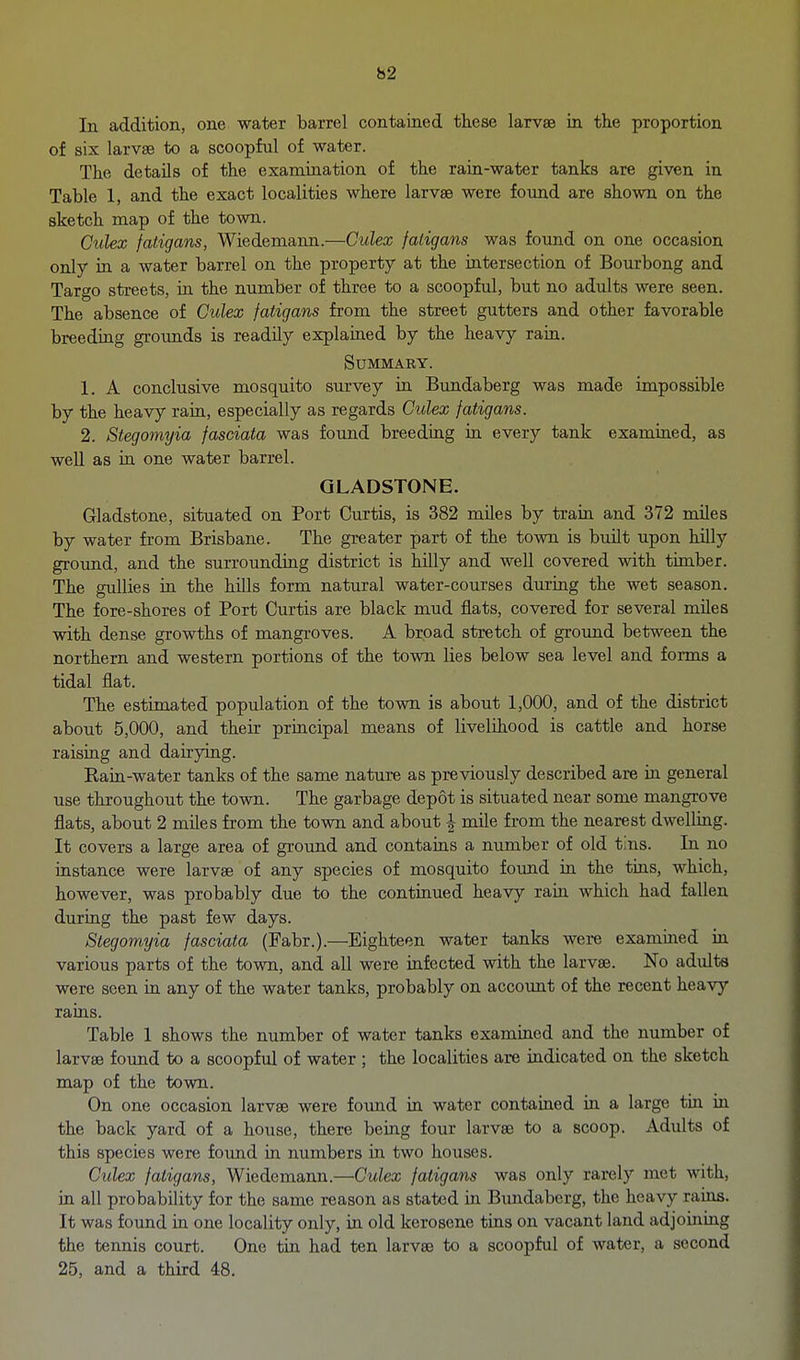 b2 In addition, one water barrel contained these larvae in the proportion of six larvse to a scoopful of water. The details of the examination of the rain-water tanks are given in Table 1, and the exact localities where larvae were found are shown on the sketch map of the town. Ciilex faiigans, Wiedemann.—Culex fatigans was found on one occasion only in a water barrel on the property at the intersection of Bourbong and Targo streets, in the number of three to a scoopful, but no adults were seen. The absence of Culex fatigans from the street gutters and other favorable breeding grounds is readily explained by the heavy rain. Summary. 1. A conclusive mosquito survey in Bundaberg was made impossible by the heavy rain, especially as regards Culex fatigans. 2. Stegomyia fasciata was found breeding in every tank examined, as well as in one water barrel. GLADSTONE. Gladstone, situated on Port Curtis, is 382 miles by train and 372 miles by water from Brisbane. The greater part of the town is built upon hilly ground, and the surrounding district is hilly and well covered with timber. The gullies in the hills form natural water-courses during the wet season. The fore-shores of Port Curtis are black mud flats, covered for several miles with dense growths of mangroves. A broad stretch of ground between the northern and western portions of the town lies below sea level and forms a tidal flat. The estimated population of the town is about 1,000, and of the district about 5,000, and their principal means of livelihood is cattle and horse raising and dairying. Eain-water tanks of the same nature as previously described are in general use throughout the town. The garbage depot is situated near some mangrove flats, about 2 miles from the town and about ^ mile from the nearest dwelling. It covers a large area of gro-und and contains a number of old tins. In no instance were larvse of any species of mosquito found in the tins, which, however, was probably due to the continued heavy rain which had fallen during the past few days. Stegomyia fasciata (Fabr.).—Eighteen water tanks were examined in various parts of the town, and all were infected with the larvae. No adults were seen in any of the water tanks, probably on account of the recent heavy rains. Table 1 shows the number of water tanks examined and the number of larvae found to a scoopful of water ; the localities are indicated on the sketch map of the town. On one occasion larvse were found in water contained in a large tin in the back yard of a house, there being four larvae to a scoop. Adults of this species were found in numbers in two houses. Culex fatigans, Wiedemann.—Culex fatigans was only rarely met with, in all probability for the same reason as stated in Bundaberg, the heavy rains. It was found in one locality only, in old kerosene tins on vacant land adjoining the tennis court. One tin had ten larvse to a scoopful of water, a second 25, and a third 48.