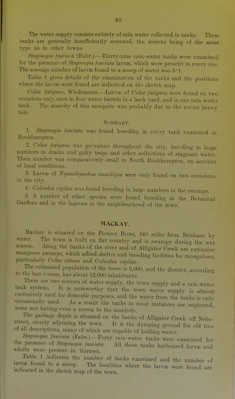 The water supply consists entirely df rain water collected in tanks. These tanks are generally insufficiently screened, the screens being of the same typo as in other towns. Stegomyia fascia'a (Fa,hv.):—Thirty-nine rain-water tanks were examined for the presence of Stegonnjia jasciata larvae, which were present in every one. The average number of larvae found to a scoop of water was 5*1. Table 1 gives details of the examination of the tanks and the positions where the larvae were found are indicated on tho sketch map. Culex faticjans, Wiedemann.—LarviB of Cukx fatigans were found on two occasions only, once in four water barrels in a back yard, and in one rain-water tank. The scarcity of this mosquito was probably due to the recent heavy rain. SUMMABY. 1. Stegomyia fasciata was found breeding in every tank examined in Rockhampton. 2. Culex fatigans Avas prevalent throughout the city, breeding in large numbers in drahis and gully traps and other collections of stagnant water. Their number was comparatively small in North Rockhampton, on account of local conditions. 3. Larvae of Nyssorhynchus annuUpes were only found on two occasions in the city. i. Culicelsa vigilax was found breeding in large numbers in the swamps. 5. A number of other species were found breedmg in the Botanical Gardens and in the lagoons in the neighbourhood of the town. MACKAY. Mackay is situated on the Pioneer River, 540 miles from Brisbane by water. The town is built on flat country and is swampy during the wet season. Along the banks of the river and of Alligator Creek are extensive mangrove swamps, which afford shelter and breeding facilities for mosquitoes particularly Culex sitiens and Culicelsa vigilax. The estimated population of the town is 5,000, and the disti-ict, according to the last census, has about 12,000 inhabitants.  There are two sources of water supply, the town supply and a rain-water tank system. It is noteworthy that the town water supply is almost exclusively used for domestic purposes, and the water from the tanks is only occasionally used. As a result the tanks in most instances are neglected some not having even a screen to the manhole. The garbage depot is situated on the banks of Alligator Creek off Nebo- street, closely adjoining the town. It is the dumping ground for old tins ot all descriptions, many of which are capable of holding watr Stegomyia fasciata (Fabr.).-Forty rain-water tanks were examined for the presence of Stegomyia fasciata. All these tanks harboured larv^ and adults were present in thirteen. Table 1 indicates the number of tanks examined and the number of lai^ao found to a scoop. The localities where the larv^ were found are mdicatcd m the sketch map of the town
