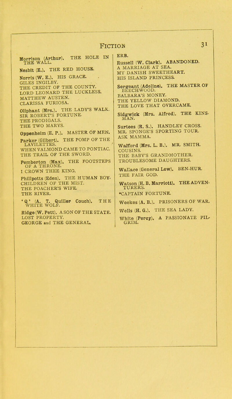 Morrison (Arthur). THE HOLE IN THE WALL. Nesbit (E.). THE RED HOUSE. Norris (W. E.). HIS GRACE. GILES INGILBY. THE CREDIT OF THE COUNTY. LORD LEONARD THE LUCKLESS. MATTHEW AUSTEN. CLARISSA FURIOSA. Oliphant (Mrs.). THE LADY'S WALK. SIR ROBERT'S FORTUNE. THE PRODIGALS. THE TWO MARYS. Oppenheim (E. P.). MASTER OF MEN. Parker (Gilbert). THE POMP OF THE LAVILETTES. WHEN VALMOND CAME TO PONTIAC. THE TRAIL OF THE SWORD. Pemberton (Max). THE FOOTSTEPS OF A THRONE. I CROWN THEE KING. Phillpotts (Eden). THE HUMAN BOY- CHILDREN OF THE MIST. THE POACHER'S WIFE THE RIVER * Q' (A. T. Quiller Couch). THE WHITE WOLF. Ridge (W.Pett). A SON OF THE STATE. LOST PROPERTY. GEORGE and THE GENERAL. ERB. Russell (W. Clark). ABANDONED. A MARRIAGE AT SEA. MY DANISH SWEETHEART. HIS ISLAND PRINCESS. Sergeant (Adeline). THE MASTER OF BEECHWOOD. BALBARA'S MONEY. THE YELLOW DIAMOND. THE LOVE THAT OVERCAME. Sidgwiek (Mrs. Alfred). THE KINS- MAN. Surtees (R. S.). HANDLEY CROSS. MR SPONGE'S SPORTING TOUR. ASK MAMMA. Walford (Mrs. L. B.). MR SMITH. COUSINS. THE BABY'S GRANDMOTHER. TROUBLESOME DAUGHTERS. Wallace (General Lew). BEN-HUR THE FAIR GOD. Watson (H. B. Marriott). THE ADVEN- TURERS. *CAPTAIN FORTUNE. Weekes (A. B.). PRISONERS OF WAR. Wells (H. G.). THE SEA LADY. White (Percy). A PASSIONATE PIL- GRIM.