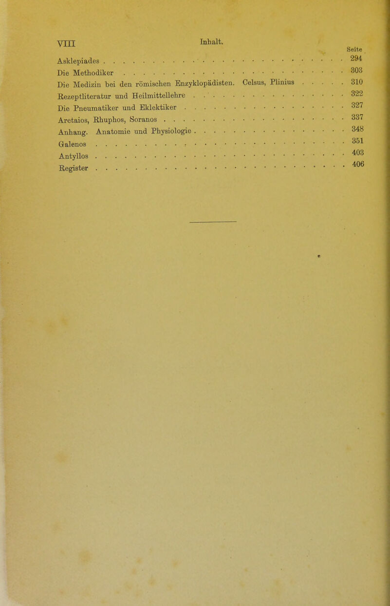 YTTT Inhalt. Seite Asklepiades Die Methodiker 303 Die Medizin bei den römischen Enzyklopädisten. Celsus, Plinius 310 Rezeptliteratur und Heilnnittellehre . 322 Die Pneumatiker und Eklektiker 327 Aretaios, Rhuphos, Soranos 337 Anhang. Anatomie und Physiologie 348 Galenos •