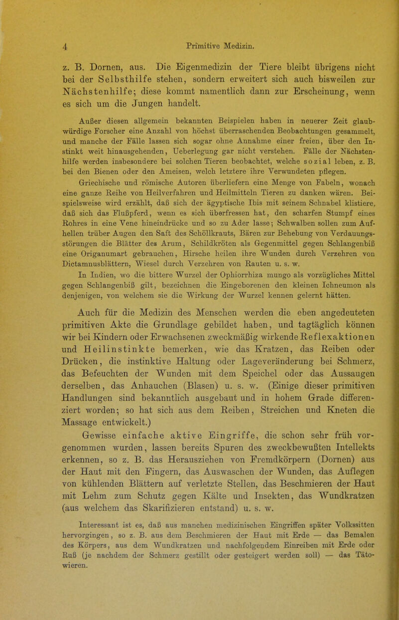 z. B. Dornen, aus. Die Eigenmedizin der Tiere bleibt übrigens nicht bei der Selbsthilfe stehen, sondern erweitert sich auch bisweilen zur Nächstenhilfe; diese kommt namentlich dann zur Erscheinung, wenn es sich um die Jungen handelt. Außer diesen allgemein bekannten Beispielen haben in neuerer Zeit glaub- würdige Forscher eine Anzahl von höchst überraschenden Beobachtungen gesammelt, und manche der Fälle lassen sich sogar ohne Annahme einer freien, über den In- stinkt weit hinausgehenden, Ueberlegung gar nicht verstehen. Fälle der Nächsten- hilfe werden insbesondere bei solchen Tieren beobachtet, welche sozial leben, z. B. bei den Bienen oder den Ameisen, welch letztere ihre Verwundeten pflegen. Griechische und römische Autoren überliefern eine Menge von Fabeln, wonach eine ganze Reihe von Heilverfahren und Heilmitteln Tieren zu danken wären. Bei- spielsweise wird erzählt, daß sich der ägyptische Ibis mit seinem Schnabel klistiere, daß sich das Flußpferd, wenn es sich überfressen hat, den scharfen Stumpf eines Rohres in eine Vene hineindi-ücke und so zu Ader lasse; Schwalben sollen zum Auf- hellen trüber Augen den Saft des Schöllkrauts, Bären zur Behebung von Verdauungs- störungen die Blätter des Arum, Schildkröten als Gegenmittel gegen Schlangenbiß eine Origanumart gebrauchen, Hirsche heilen ihre Wunden durch Verzehren von Dictamnusblättern, Wiesel durch Verzehren von Rauten u. s. w. In Indien, wo die bittere Wurzel der Ophiorrhiza mungo als vorzügliches Mittel gegen Schlangenbiß gilt, bezeichnen die Eingeborenen den kleinen Ichneumon als denjenigen, von welchem sie die Wirkung der Wurzel kennen gelernt hätten. Auch für die Medizin des Menschen werden die eben angedeuteten primitiven Akte die Grundlage gebildet haben, und tagtäghch können wir bei Kindern oder Erwachsenen zweckmäßig wirkende Reflexaktionen und Heilinstinkte bemerken, wie das Kratzen, das Reiben oder Drücken, die instinktive Haltung oder Lageveränderung bei Schmerz, das Befeuchten der Wunden mit dem Speichel oder das Aussaugen derselben, das Anhauchen (Blasen) u. s. w\ (Einige dieser primitiven Handlungen sind bekanntlich ausgebaut und in hohem Grade differen- ziert worden-, so hat sich aus dem Reiben, Streichen und Kneten die Massage entwickelt.) Gewisse einfache aktive Eingriffe, die schon sehr früh vor- genommen wurden, lassen bereits Spuren des zweckbewußten Intellekts erkennen, so z. B. das Herausziehen von Fremdkörpern (Dornen) aus der Haut mit den Fingern, das Auswaschen der Wunden, das Auflegen von kühlenden Blättern auf verletzte Stellen, das Beschmieren der Haut mit Lehm zum Schutz gegen Kälte und Insekten, das Wundkratzen (aus welchem das Skarifizieren entstand) u, s. w. Interessant ist es, daß aus manchen medizinischen Eingriffen später Volkssitten hervorgingen, so z. B. aus dem Beschmieren der Haut mit Erde — das Bemalen des Körpers, aus dem Wundkratzen und nachfolgendem Einreiben mit Erde oder Ruß (je nachdem der Schmerz gestillt oder gesteigert werden soll) — das Täto- wieren.
