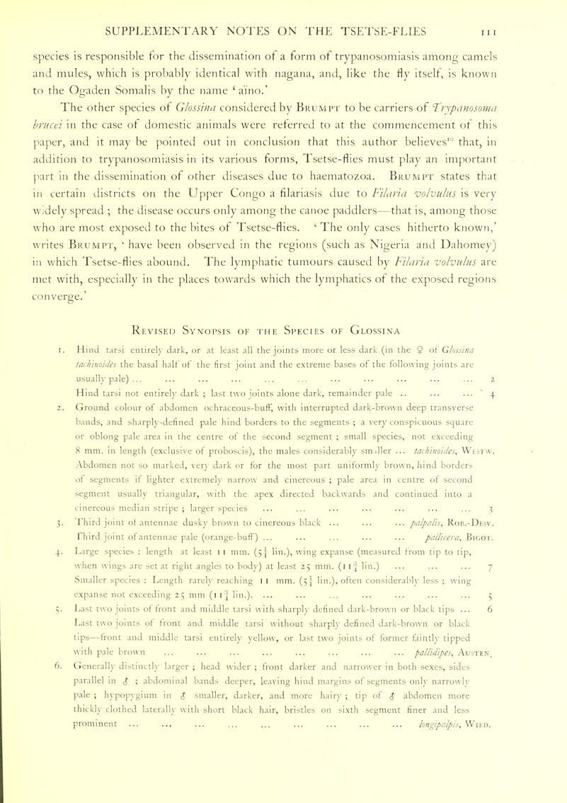 species is responsible for the dissemination of a form of trypanosomiasis among camels and mules, which is probably identical with nagana, and, like the fly itself, is known to the Ogaden Somalis by the name ' aino.' The other species of Glossina considered by Brumpt to be carriers of Trypanosoma brucei in the case of domestic animals were referred to at the commencement ot this paper, and it may be pointed out in conclusion that this author believes'0 that, in addition to trypanosomiasis in its various forms, Tsetse-flies must play an important part in the dissemination of other diseases due to haematozoa. Brumpt states that in certain districts on the Upper Congo a filariasis due to Filaria volvulus is very widely spread ; the disease occurs only among the canoe paddlers—that is, among those who are most exposed to the bites of Tsetse-flies. ' The only cases hitherto known,' writes Brumpt, 1 have been observed in the regions (such as Nigeria and Dahomey) in which Tsetse-flies abound. The lymphatic tumours caused by Filaria volvulus are met with, especially in the places towards which the lymphatics of the exposed regions converge.' Revised Synopsis of the Species of Glossina r. Hind tarsi entirely dark, or at least all the joints more or less dark (in the 9 °^ Glossina tach'inoidcs the basal half of the first joint and the extreme bases of the following joints are usually pale) ... ... ... ... ... ... ... ... ... ... ... 2 Hind tarsi not entirely dark ; last two joints alone dark, remainder pale .. ... ... 4 2. Ground colour of abdomen ochraceous-buff, with interrupted dark-brown deep transverse bands, and sharply-defined pale hind borders to the segments ; a very conspicuous square or oblong pale area in the centre of the second segment ; small species, not exceeding 8 mm. in length (exclusive of proboscis), the males considerably smaller ... tachinoides, Wlstw. Abdomen not so marked, very dark or for the most part uniform!)' brown, hind borders ot segments it lighter extremely narrow and cinereous ; pale area in centre of second segment usually triangular, with the apex directed backwards and continued into a cinereous median stripe ; larger species ... ... ... ... ... ... ... i, 3. Third joint of antennae dusky brown to cinereous black ... ... ... palpalis, Rob.-Desv. fhird joint of antennae pale (orange-buff) ... ... ... ... ... pallicera, Bigot. p. Large species : length at least 1 1 mm. (5} lin.), wing expanse (measured from tip to tip, when wings are set at right angles to body) at least 25 mm. (1 if lin.) ... ... ... 7 Smaller species : Length rarely reaching 1 1 mm. (5] lin.), often considerably less ; wing expanse not exceeding 25 mm (1 14 lin.). ... ... ... ... ... ... ... 5 5. Last two joints ot front and middle tarsi with sharply defined dark-brown or black tips ... 6 Last two joints ot front and middle tarsi without sharply defined dark-brown or black tips—front and middle tarsi entirely yellow, or last two joints of former faintly tipped with pale brown ... ... ... ... ... ... ... ... pallidipes, Austen. 6. Generally distinctly larger ; head wider ; front darker and narrower in both sexes, sides parallel 111 <J ; abdominal bands deeper, leaving hind margins of segments only narrowly pale ; hypopygium in $ smaller, darker, and more hair)- ; tip of $ abdomen more thickly clothed laterally with short black hair, bristles on sixth segment finer and less prominent ... ... ... ... ... ... ... ... ... longipalpis, Wild.