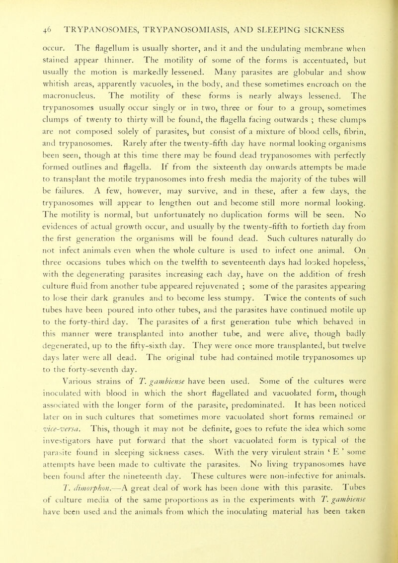 occur. The flagellum is usually shorter, and it and the undulating membrane when stained appear thinner. The motility of some of the forms is accentuated, but usually the motion is markedly lessened. Many parasites are globular and show whitish areas, apparently vacuoles, in the body, and these sometimes encroach on the macronucleus. The motility of these forms is nearly always lessened. The trypanosomes usually occur singly or in two, three or four to a group, sometimes clumps of twenty to thirty will be found, the flagella facing outwards ; these clumps are not composed solely of parasites, but consist of a mixture of blood cells, fibrin, and trypanosomes. Rarely after the twenty-fifth day have normal looking organisms been seen, though at this time there may be found dead trypanosomes with perfectly formed outlines and flagella. If from the sixteenth day onwards attempts be made to transplant the motile trypanosomes into fresh media the majority of the tubes will be failures. A few, however, may survive, and in these, after a few days, the trypanosomes will appear to lengthen out and become still more normal looking. The motility is normal, but unfortunately no duplication forms will be seen. No evidences of actual growth occur, and usually by the twenty-fifth to fortieth day from the first generation the organisms will be found dead. Such cultures naturally do not infect animals even when the whole culture is used to infect one animal. On three occasions tubes which on the twelfth to seventeenth days had looked hopeless, with the degenerating parasites increasing each day, have on the addition of fresh culture fluid from another tube appeared rejuvenated ; some of the parasites appearing to lose their dark granules and to become less stumpy. Twice the contents of such tubes have been poured into other tubes, and the parasites have continued motile up to the forty-third day. The parasites of a first generation tube which behaved in this manner were transplanted into another tube, and were alive, though badly degenerated, up to the fifty-sixth day. They were once more transplanted, but twelve days later were all dead. The original tube had contained motile trypanosomes up to the forty-seventh day. Various strains of T. gambiense have been used. Some of the cultures were inoculated with blood in which the short flagellated and vacuolated form, though associated with the longer form of the parasite, predominated. It has been noticed later on in such cultures that sometimes more vacuolated short forms remained or vice-versa. This, though it may not be definite, goes to refute the idea which some investigators have put forward that the short vacuolated form is typical of the parasite found in sleeping sickness cases. With the very virulent strain ' E ' some attempts have been made to cultivate the parasites. No living trypanosomes have been found after the nineteenth day. These cultures were non-infective for animals. T. dimorpkon.—A great deal of work has been done with this parasite. Tubes of culture media of the same proportions as in the experiments with T. gambiense have been used and the animals from which the inoculating material has been taken