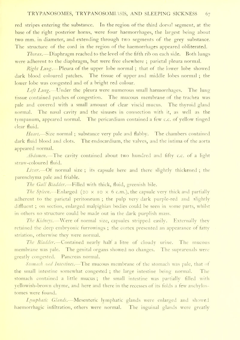 red stripes entering the substance. In the region of the third dorsal segment, at the base of the right posterior horns, were tour haemorrhages, the largest being about two mm. in diameter, and extending through two segments of the grey substance. The structure of the cord in the region of the haemorrhages appeared obliterated. Thorax.—Diaphragm reached to the level of the fifth rib on each side. Both lungs were adherent to the diaphragm, but were free elsewhere ; parietal pleura normal. Right Lung.—Pleura of the upper lobe normal ; that of the lower lobe showed dark blood coloured patches. The tissue of upper and middle lobes normal ; the lower lobe was congested and of a bright red colour. Left Lung.—Under the pleura were numerous small haemorrhages. The lung tissue contained patches of congestion. The mucous membrane of the trachea was pale and covered with a small amount of clear viscid mucus. The thyroid gland normal. The nasal cavity and the sinuses in connection with it, as well as the tympanum, appeared normal. The pericardium contained a few c.c. of yellow tinged clear fluid. Heart.—Size normal ; substance very pale and flabby. The chambers contained dark, fluid blood and clots. The endocardium, the valves, and the intima of the aorta appeared normal. Abdomen.—The cavity contained about two hundred and fifty c.c. of a light straw-coloured fluid. Liver.—Of normal size ; its capsule here and there slightly thickened ; the parenchyma pale and friable. The Gall Bladder.—Filled with thick, fluid, greenish bile. The Spleen.—Enlarged (20 x 10 x 6 cm.), the capsule very thick and partially adherent to the parietal peritoneum ; the pulp very dark purple-red and slightly diffluent ; on section, enlarged malpighian bodies could be seen in some parts, whilst in others no structure could be made out in the dark purplish mass. The K'nine\s.—Were of normal size, capsules stripped easily. Externally thev retained the deep embryonic furrowings ; the cortex presented an appearance of fatty Striation, otherwise they were normal. The Bladder.—Contained nearly halt a litre of cloudy urine. The mucous membrane was pale. The genital organs showed no changes. The suprarenals were greatly congested. Pancreas normal. Stomach and Intestines.—The mucous membrane of the stomach was pale, that of the small intestine somewhat congested ; the laroe intestine being normal. The stomach contained a little mucus ; the small intestine was partially filled with yellowish-brown chyme, and here and there in the recesses of its folds a tew anchylos- tomes were found. Lymphatic Glands.—Mesenteric lymphatic glands were enlarged and showed haemorrhagic infiltration, others were normal. The inguinal glands were greatly