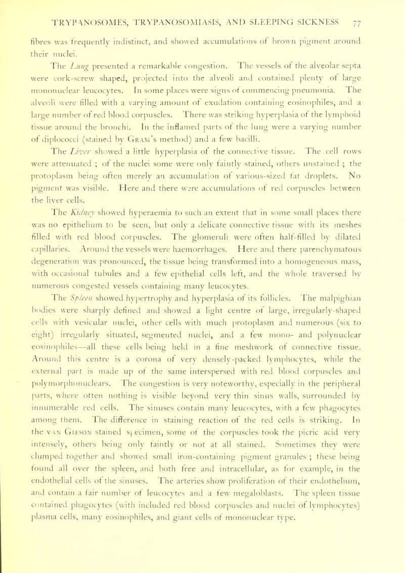 fibres was frequently indistinct, and showed accumulations of brown pigment around their nuclei. The Lung presented a remarkable congestion. The vessels of the alveolar septa were cork-screw shaped, projected into the alveoli and contained plenty of large mononuclear leucocytes. In some places were signs of commencing pneumonia. The alveoli were filled with a varying amount of exudation containing eosinophiles, and a large number of red blood corpuscles. There was striking hyperplasia of the lymphoid tissue around the bronchi. In the inflamed parts of the lung were a varying number of diplococci (stained by Gram's method) and a few bacilli. The Liver showed a little hyperplasia of the connective tissue. The cell rows were attenuated ; of the nuclei some were only faintly stained, others unstained ; the protoplasm being often merely an accumulation of various-sized fat droplets. No pigment was visible. Here and there were accumulations of red corpuscles between the liver cells. The Kidney showed hyperaemia to such an extent that in some small places there was no epithelium to be seen, but only a delicate connective tissue with its meshes filled with red blood corpuscles. The glomeruli were often half-filled by dilated capillaries. Around the vessels were haemorrhages. Here and there parenchymatous degeneration was pronounced, the tissue being transformed into a homogeneous mass, with occasional tubules and a tew epithelial cells left, and the whole traversed by numerous congested vessels containing many leucocytes. The Spleen showed hypertrophy and hyperplasia of its follicles. The malpighian bodies were sharply defined and showed a light centre of large, irregularly-shaped cells with vesicular nuclei, other cells with much protoplasm and numerous (six to eight) irregularly situated, segmented nuclei, and a few mono- and polynuclear eosinophiles—all these cells being held in a fine meshwork of connective tissue. Around this centre is a corona of very densely-packed lymphocytes, while the external part is made up of the same interspersed with red blood corpuscles and polymorphonuclears. The congestion is very noteworthy, especially in the peripheral parts, where often nothing is visible beyond very thin sinus walls, surrounded by innumerable red cells. The sinuses contain many leucocytes, with a few phagocytes among them. The difference 111 staining reaction of the red ceils is striking. In the van Gieson stained specimen, some of the corpuscles took the picric acid very intensely, others being only faintly or not at all stained. Sometimes they were clumped together and showed small iron-containing pigment granules ; these being found all over the spleen, and both free and intracellular, as for example, in the endothelial cells of the sinuses. The arteries show proliferation of their endothelium, and contain a fair number of leucocytes and a tew megaloblasts. The spleen tissue contained phagocytes (with included red blood corpuscles and nuclei of lymphocytes) plasma cells, many eosinophiles, and giant cells of mononuclear type.