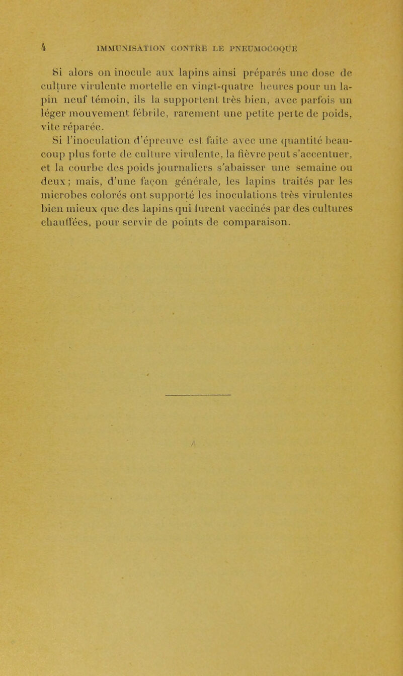IMMUNISATION CONTllE LU VNEUMOCOQUlî Si alors on inocule aux lapins ainsi préparés une dose de culture virulente mortelle en vin}?t-quatro heures pour un la- pin neuf témoin, ils la supportent très bien, avec parfois un léger mouvement fébrile, rarement une petite perte de poids, vite réparée. Si l'inoculation d'épreuve est faite avec une (pianlilé beau- coup plus forte de culture virulente, la fièvre peut s'accentuer, et la courbe des poids journaliers s'abaisser une semaine ou deux: mais, d'une façon générale, les lapins traités par les microbes colorés ont supporté les inoculations très virulentes bien mieux que des lapins qui furent vaccinés par des cultures chauffées, pour servir de points de comparaison.