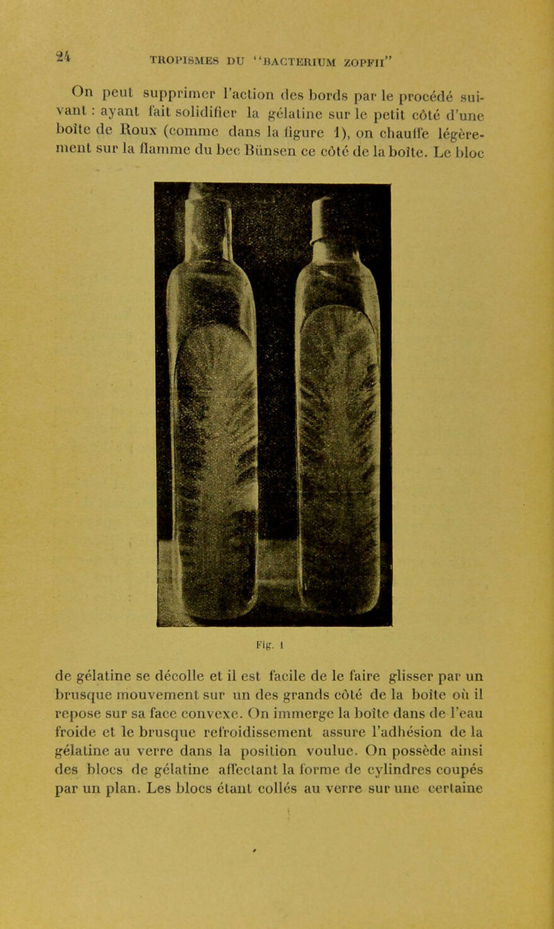 On peut supprimer l'aclion des bords par le procédé sui- vant : ayant lait solidifier la gélatine sur le petit côté d'une boîte de Roux (comme dans la figure 1), on chaulle légère- ment sur la flamme du bec Bunsen ce côté de la boîte. Le bloc Fig. 1 de gélatine se décolle et il est facile de le faire glisser par un brusque mouvement sur un des grands côté de la boîte où il repose sur sa face convexe. On immerge la boîte dans de l'eau froide et le brusque refroidissement assure l'adhésion de la gélatine au verre dans la position voulue. On possède ainsi des blocs de gélatine affectant la forme de cylindres coupés par un plan. Les blocs étant collés au verre sur une certaine 0