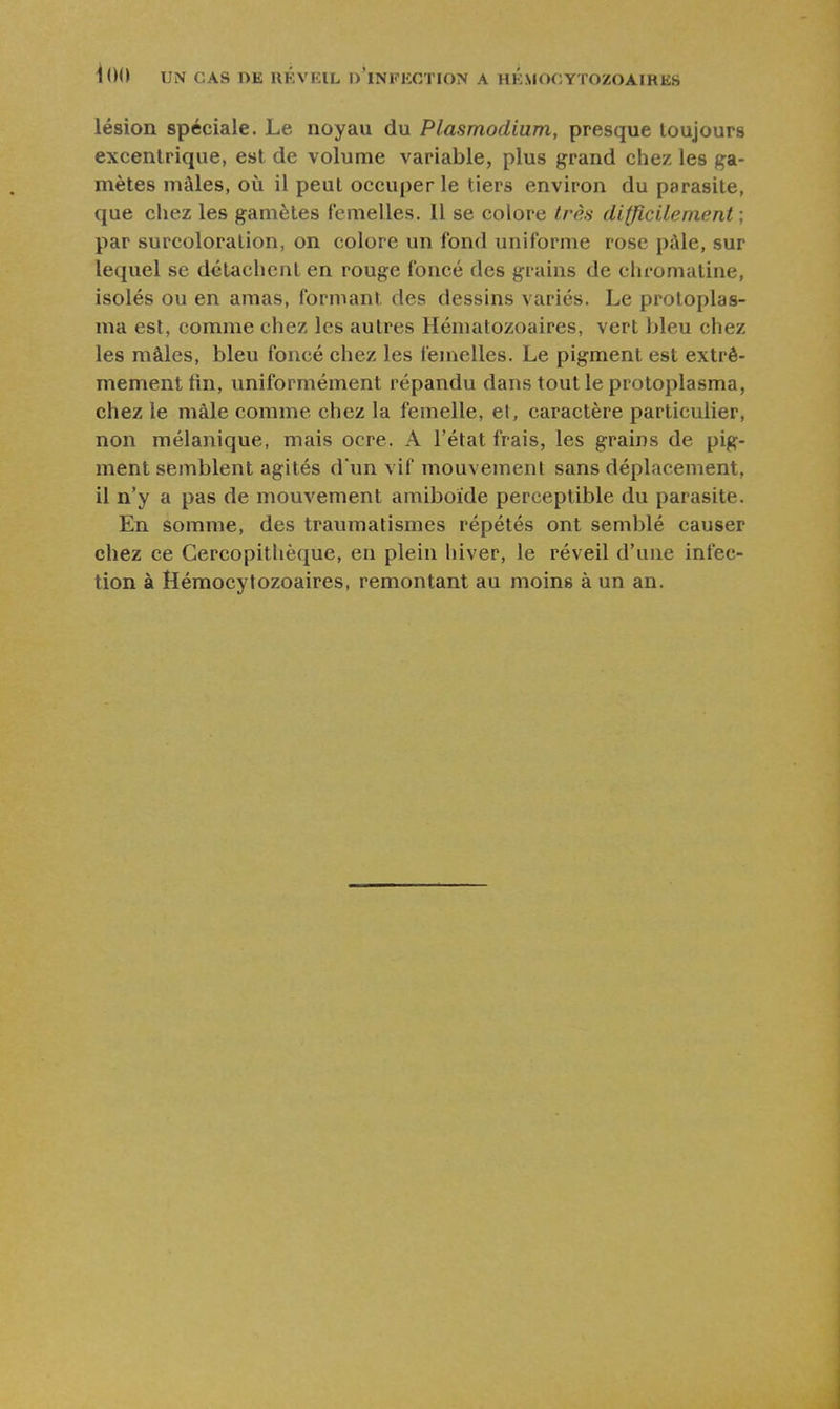 lésion spéciale. Le noyau du Plasmodium, presque toujours excentrique, est de volume variable, plus grand chez les ga- mètes mâles, où il peut occuper le tiers environ du parasite, que chez les gamètes femelles. Il se colore très dilficUenient ; par surcoloration, on colore un fond uniforme rose pàle, sur lequel se détachent en rouge foncé des grains de chromatine, isolés ou en amas, formant des dessins variés. Le protoplas- ma est, comme chez les autres Hématozoaires, vert bleu chez les mâles, bleu foncé chez les femelles. Le pigment est extrê- mement fin, uniformément répandu dans tout le protoplasma, chez le mâle comme chez la femelle, et, caractère particulier, non mélanique, mais ocre. A l'état frais, les grains de pig- ment semblent agités d'un vif mouvement sans déplacement, il n'y a pas de mouvement amiboïde perceptible du parasite. En somme, des traumatismes répétés ont semblé causer chez ce Cercopithèque, en plein hiver, le réveil d'une infec- tion à Hémocytozoaires, remontant au moins à un an.