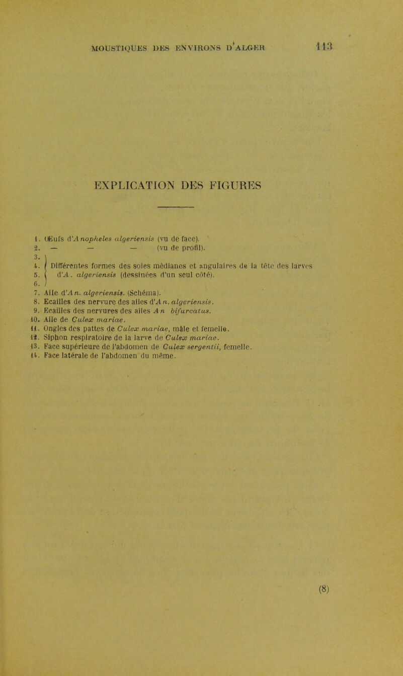 EXPLICATION DES FIGURES 1. Ui£ufs d'Anophèles algeriensis {y\i de face). 2. — — — (vu de profil). 4. / Différentes formes des soies médianes et angulaires de la tète des larves 5. l d'A. algeriensis (dessinées d'un seul cOté). 6. / 7. Aile A'An. algeriensis. (Scliéina). 8. Ecailles des nervure des ailes d'An, algeriensis. 9. Ecailles des nervures des ailes .4 rt bij'urcatus. 10. Aile de Culex mariae. 11. Ongles des pattes de Culex mariae, mâle et femelle, li. Siphon respiratoire de la larve de Culex mariae. 13. Face supérieure de l'abdomen de Culex sergentii, femelle. 14. Face latérale de l'abdomen du même.