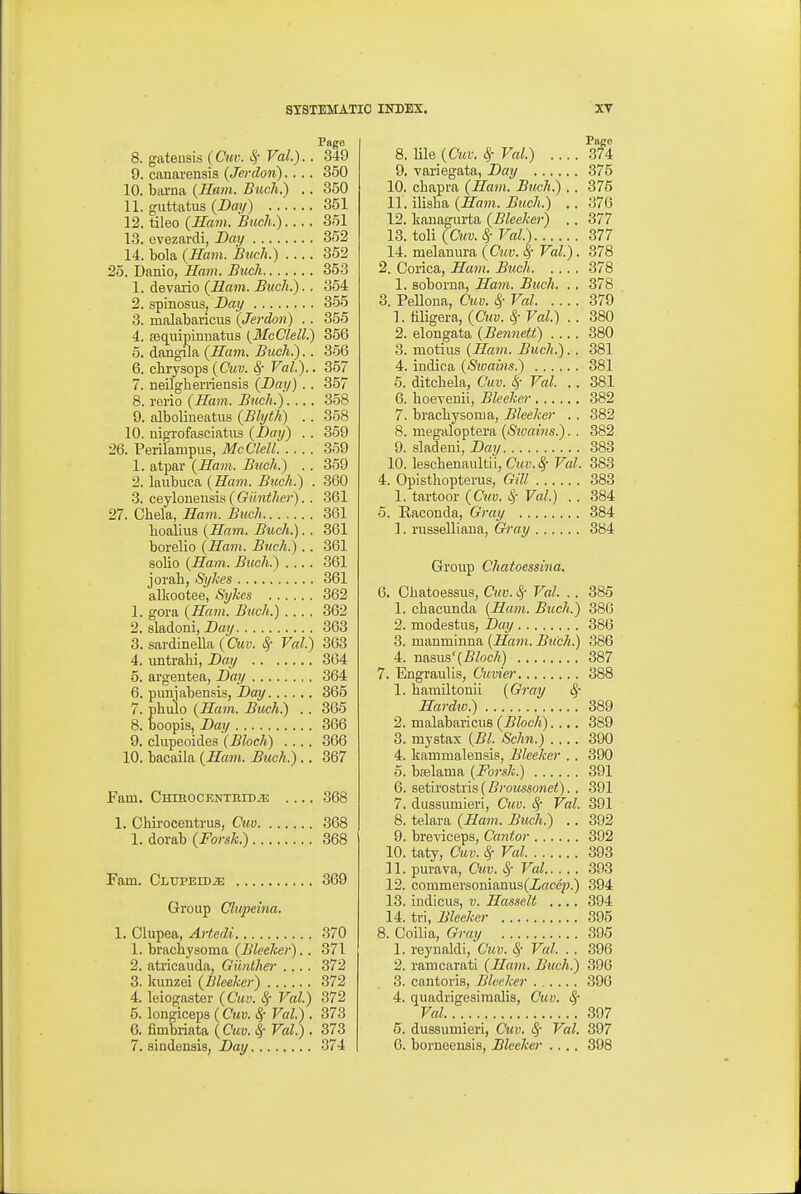 Page 8. gateiisis (Cm: ^- Val.).. 349 9. cannvensis (Jerdon).... 350 10. bai-na {Ham. Buch.) ,. 350 11. guttatus (Dm/) 351 12. tileo (mc77i. Buch.).... 351 13. evezardi, Baij 352 14. bola (Hcmi. Buch.) .... 352 25. Danio, Ham. Buch 353 1. devaiio (Ham. Buch.).. 354 2. spinosus, Z)«j/ 355 3. malabaricus (Jerdon) .. 355 4. fequipinnatiis {McClell.) 356 0. dangila (Ham. Buch.).. 356 6. chrysops («<?;. ^- Val.).. 357 7. neilgherriensis (JDay) .. 357 8. rerio (Ham. Buch.) 358 9. albolineatus (Bhjth) .. 358 10. uigrofasciatus (bay) . . 359 26. Perilampus, McClell 359 1. atpar (Ham. Buch.) . . 359 2. laubuca (Ham. Buch.) . 360 3. cejlonenais (Giinther). . 361 27. Chela, Ham. Buch 361 boalius (Ham. Buch.). . 361 borelio (Ham. Buch.) . . 361 solio (Ham. Buch.) .... 361 jorab, Sykes 361 alljootee, Sykes 362 1. gora (Ham. Buch.) .... 362 2. sladoni, X)fly 363 3. sardinella (Owy. 8f Val.) 363 4. untrahi, Day 364 5. argeutea, Bay 364 6. punjabensis, Bay 365 7. phulo (Ham. Buch) . . 365 8. boopis, Bay 366 9. clupeoides (Bloch) .... 366 10. bacaila (Ham. Buch.).. 367 JFam. CHmocENTRrDiE 368 1. Chirocentrus, Ctiu 368 1. dorab (Forsk.) 368 Fam. CLUPEiDiE 369 Group Clupcina. 1. Olupea, Artedi 370 1. bracbysoma (Bleeker).. 371 2. atricauda, Giinther .... 372 3. kimzei (Bleeker) 372 4. leiogaster (Cuv. ^ Val.) 372 5. longiceps (C?iu. Sf Val.) . 373 6. fimbriata (Cuv. ^ Val.) . 373 7. sindensis, Bay 374 Pace 8. Ule (Cuv. Val.) .... 374 9. variegata, Bay 375 10. cbapra (Ham. Buch.) .. 375 11. Wiaha. (Ham. Buch.) .. 376 12. kanagui'ta (Bleeker) .. 377 13. toli (Cuv.S,- Val.) 377 14. melanura (Cuv. Sf Val.). 378 2. Corica, Ham. Buch 378 1. soboma, Ham. Buch. .. 378 3. Pellona, Cuv. ^ Val 379 1. tiUgera, (Cuv. Sf Val.) .. 380 2. elongata (Bennett) 380 3. motiiis (Ham. Buch.).. 381 4. indica (Sivains.) 381 5. ditcbela, Cuv. ^- Val. .. 381 6. boeyenii, Bleeker 382 7. bracbysoma, Bleeker .. 382 8. megaloptera (Sioains.). . 382 9. sladeni, Bay 383 10. leschenaultu, Ciiv.^ Val. 383 4. Opisthopterus, Gill 383 1. tartoor (Cuv. c^- Val.) . . 384 5. Eaconda, Gray 384 ]. russelliaua, Gray 384 Group Chatoessina. 6. Ohatoessiis, Cuv. ^- Val. .. 385 1. cbacunda {Ham. Buch.) 386 2. modestus, Bay 386 3. manminna {Ham. Buch.) 386 4. nasns'(5/oc7i) 387 7. EngrauUs, Cuvier 388 1. harailtonii {Gray ^• Hardio.) 389 2. malabaricuB (Bloch).... 389 3. mystax (Bl. Schn.) 390 4. kammalensis, Bleeker . . 390 5. bselama {Forsk.) 391 6. setirostris (Broussonet). . 391 7. dussumieri, Cuv. Sr Val. 391 8. telara (Ham. Buch.) .. 392 9. breviceps, Cantor 392 10. taty, Cuv. ^ Val 393 11. purava, Cuv. ^- Val 393 12. commersoiiianus(Z«ce;;.) 394 13. iudicus, V. Hasselt .... 394 14. tri, Bleeker 395 8. Coilia, Gray 395 1. reynakli, Cuv. i!}- Val. .. 396 2. ramcarati (Ham. Buch.) 396 3. cantoris, Bleeker 396 4. quadrigesiraalis, Cuv. Sf Val 397 6. dussumieri, Cuv. Sf Val. 397 6. borneensis, Bleeker .... 398