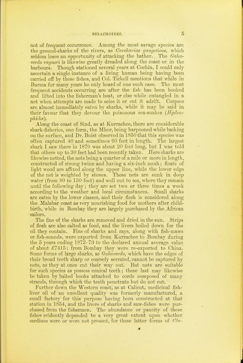 not of frequent occurrence. Among the most savage species are the ground-sharks of the rivers, as Cnrchcmas gangeticus, which seldom loses an opportunity of attacking the bather. The Oaleo- cerdo rayneri is likewise greatly dreaded along the coast or in the harbours. Though stationed several years at Cochin, I could only ascertain a single instance of a living human being having been carried off by these fishes, and Col. Ticlcell mentions that while in Burma for many years he only heard of one such case. The most frequent accidents occurring are after the fish has been hooked and lifted into the fisherman's boat, or else while entangled in a net when attempts are made to seize it or cut it adi'ift. Corpses are almost immediately eaten by sharks, while it may be said in their favoiu' that they devour the poisonous sea-snakes (Hydro- pMdce). Along the coast of Sind, as at Kurrachee, there are considerable shark-fisheries, one form, the Mhor, being harpooned while basking on the surface, and Dr. Buist observed in 1850 that this species was often captured 40 and sometimes 60 feet in length. The largest shark I saw there in 1870 was about 20 feet long, but I was told that others up to 30 feet had been recently taken. Here sharks are likewise netted, the nets being a quarter of a mile or more in length, constructed of strong twine and having a six-inch mesh; floats of light wood are affixed along the upper Hne, while the lower edge of the net is weighted by stones. These nets are sunk in deep water (from 80 to 150 feet) and well out to sea, where they remain until the following day; they are set two or three times a week according to the weather and local circumstances. Small sharks are eaten by the lower classes, and theii' flesh is considered along the Malabar coast as very nourishing food for mothers after child- birth, while in Bombay they are largely piu'chased by the African sailors. The fins of the sharks are removed and di-ied in the sun. Strips of flesh are also salted as food, and the Uvers boiled down for the oil they contain. Fins of sharks and rays, along with fish-maws or fish-sounds, were exported from Kurrachee to Bombay during the 5 years ending 1872-73 to the declared annual average value of about .£7415; from Bombay they were re-exported to China. Some forms of large sharks, as Galeocerdo, which have the edges of their broad teeth sharp or coarsely serrated, cannot be captured by nets, as they at once cut their way out. But nets are suitable for such species as possess conical teeth; these last may likewise be taken by baited hooks attached to cords composed of many strands, through which the teeth penetrate but do not cut. Further down the Western coast, as at Calicut, medicinal fish- liver oil of an excellent quality was formerly manufactured, a small factory for this purpose having been constructed at that station in 1854, and the livers of sharks and saw-fishes were pur- chased from the fishermen. The abundance or paucity of these fishes evidently depended to a very great extent upon whether sardines were or were not present, for these latter forms of C7«-