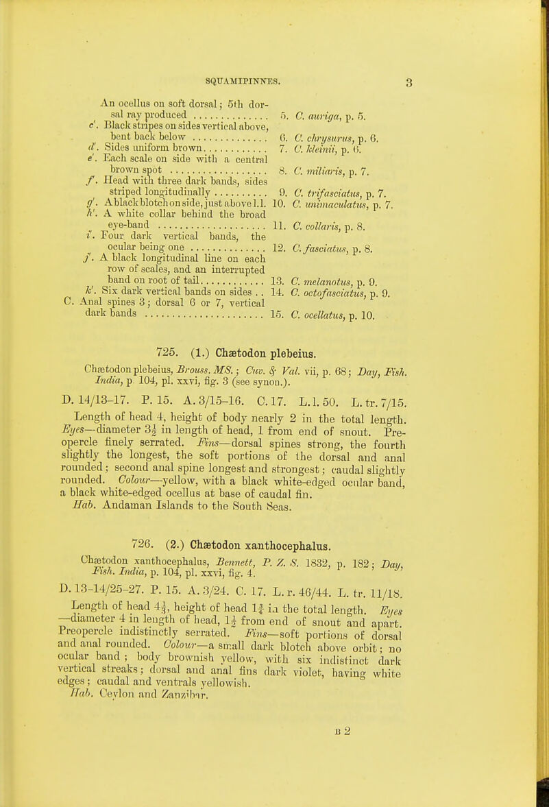 An ocellus on soft dorsal; 5f h dor- sal ray produced 5. C. auriga, p. /). e'. Blaclc stripes on sides vertical above, bent back- below 0. C. chrysurus, p. 0. (I. Sides uniform brown 7. O. kleinii, p. (i. e. Each scale on side with a central brown spot 8. C. miliaria, p. 7. /. Head with three dark bauds, sides striped longitudinally 9. C. trifasciaius, p. 7. [/'. Ablack blotch on side, just above 1.1. 10. C. unimaculafus, -p. 7. h'. A white collar behind the broad eye-band 11. C. collaris, p. 8. i. Four dark vertical bands, the ocular being one 13. C. fasciatics,-p. 8. f. A black longitudinal line on each row of scales, and an interrupted band on root of tail 13. C. fnelanotus,-p. 9. k'. Six dark vertical bands on sides . . 14. C. ootofasciatus, p. 9. Anal spines 3; dorsal 6 or 7, vertical dark bands 1.5. c. ocellatus, p. 10. 725. (1.) Chsetodon plebeius. Chffitodon plebeius, Bronss.MS.; Cm. Sf Val. vii, p. 68; Day, Fish. India, p 104, pi, xxvi, fig. 3 (see synon.). D. 14/13-17. P. 15. A. 3/15-16. 0.17. L.1.50. L. tr. 7/15. Length of head 4, height of body nearly 2 in the total length. %fs—diameter 3| in length of head, 1 from end of snout. Pre- opercle finely serrated, i^ww—dorsal spines strong, the fourth slightly the longest, the soft portions of the dorsal and anal rounded; second anal spine longest and strongest; caudal slightly rounded. Colour—yellow, with a black white-edged ocular band, a black white-edged ocellus at base of caudal fin. Hah. Andaman Islands to the South Seas. 726. (2.) ChaBtodon xanthocephalus. Chsetodon xanthocephalus, Bennett, P. Z. S. 1832, p. 182 • Ban Fish. India, p. 104, pi. xxvi, fig. 4. D. 13-14/25-27. P. 15. A. 3/24. C. 17. L. r. 46/44. L. tr. 11/18. Length of head 4^, height of head If ia the total length. Eyes —diameter 4 in length of head, 1| from end of snout and apart Preopercle indistinctly serrated. Fins—soit portions of dorsal and anal rounded. Colour—& small darlc blotch above orbit • no ocular band ; body brownish yellow, with six indistinct dark vertical streaks; dorsal and anal fins dark violet, having white edges; caudal and ventrals yellowish. Hab. Ceylon and Zan/.ilvir. b2