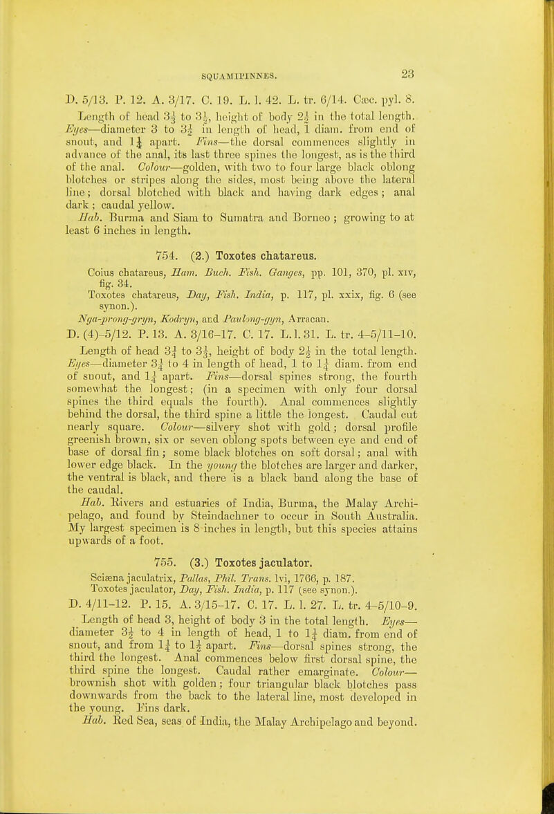 D. 5/13. r. ]2. A. 3/17. C. 19. L. 1. 42. L. tr. G/14. Cxc. pyl. 8. Length of head 3J to 3i, height of body 2| in the lotal length. Ki/es—diameter 3 to 3| in lenglh of liead, 1 diain. from end of snout, and 1^ apai't. Fins—tlie dorsal commences slightly in iidvance of the anal, its last three spines the longest, as is the third of the anal. Colour—golden, with two to four large black oblong blotches or stripes along the sides, most being above the lateral line; dorsal blotched with black and having dark edges ; anal dark; caudal yellow. Hah. Burma and Siam to Sumatra and Borneo ; growing to at least 6 inches in length. 754. (2.) Toxotes chatareus. Coius chataieuS; Ham. Buck. Fish. Ganffes, pp. 101, 370, pi. xiv, fig. 34. Toxotes chatareus, Datf, FtsJi. India, p. 117, pi. sxix, fig. G (see synon.). Nya-prong-gryn, Eodryn, acd Pauhng-yyn, Arracan. D. (4)-5/12. P. 13. A. 3/16-17. C. 17. L.1.31. L. tr. 4-5/11-10. Length of head 3^ to 3g, height of body 2| in the total length. Eyes—diameter 3^ to 4 in length of bead, 1 to 1^ diam. from end of snout, and 1| apart. Fins—dorsal spines strong, the fourth somewhat the longest; (in a specimen with only four dorsal spines the third equals the fourth). Aual commences slightly behind the dorsal, the third spine a little the longest. Caudal cut nearly square. Colour—silvery shot with gold; dorsal profile greenish brown, six or seven oblong spots between eye and end of base of dorsal fin; some black blotches on soft dorsal; anal with loN^ er edge black. In the young the blotches are larger and darker, the ventral is black, and there is a black band along the base of the caudal. Hah. Kivers and estuaries of India, Burma, the Malay Archi- pelago, and found by Steindachner to occur in South Australia. My largest specimen is 8 inches in length, but this species attains upwards of a foot. 755. (3.) Toxotes jaculator. Scifena jaculatrix, Pallas, Phil. Trans. Ivi, 1766, p. 187. Toxotes jaculator, Day, Fish. India, p. 117 (see sjnon.). D. 4/11-12. P. 15. A. 3/15-17. C. 17. L. 1. 27. L. tr. 4-5/10-9. Length of head 3, height of body 3 in the total length. Eyes— diameter 3^ to 4 in length of head, 1 to 1| diam. from end of snout, and from 1| to 1| apart. Fins—dorsal spines strong, the third the longest. Anal commences below first dorsal spine, the third spine the longest. Caudal rather emarginate. Colour— brownish shot with golden; four triangular black blotches pass downwards from the back to the lateral line, most developed in the young. I'ins dai'k. Hal. Eed Sea, seas of India, the Malay Archipelago and beyond.