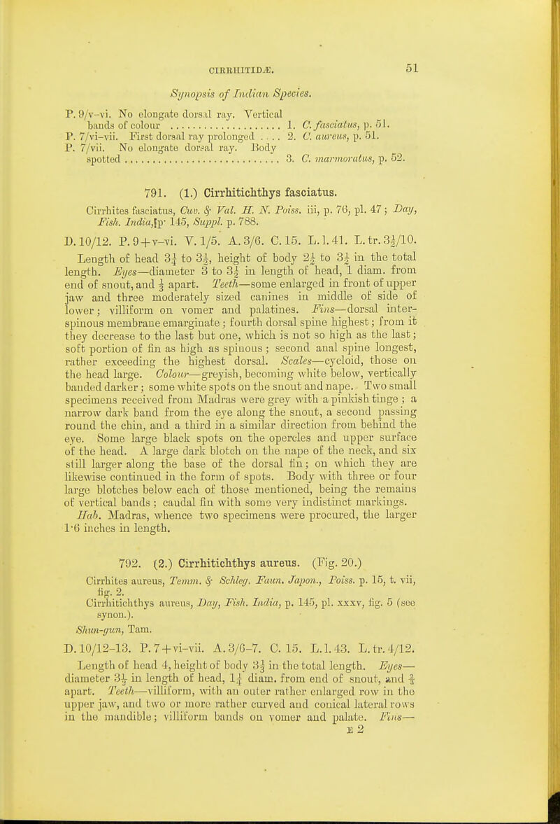 OIEEHITIDj'E. Si/nopsis of Indian Species. P. 9/v-vi. No elongate dorsal ray. Vertical bands of colour 1. C.fasoiatus,]^.5\. P. 7/vi-vii. First dorsal ray i)rolong'od .... 2. C. uiireun, p. 51. P. 7/vii. No elong'ate dor.-^al ray. 15ody spotted 3. C. mannoratua, p. 52. 791. (1.) CirrMticlithys fasciatus. Cirrhites fasciatus, Quo. Veil. H. N. Poiss. iii, p. 76, pi. 47; Darj, Fish. India,\y 143, Su^ipl. p. 788. D. 10/12. P.9+v-vi. V. 1/5. A. 3/6. C. 15. L.1.41. L.tr. 31/10. Length of head 3^ to ^, height of body 2i to 3i in the total length. %es—diameter 3 to 3| in length of head, 1 diam. from end of snout, and g apart. Teeth—some enlarged in front of upper jaw and three moderately sized canines in middle of side of lower; villiform on vomer and palatines. Fins—dorsal inter- spinous membrane emarginate; fourth dorsal spine highest; from it they decrease to the last but one, which is not so high as the last; soft portion of fin as high as spinous ; second anal spine longest, rather exceeding the highest dorsal. Scales—cycloid, those on the head large. Colour—greyish, becoming white below, vei'tically banded darker ; some white spots on the snout and nape. Two small specimens received from Madras were grey with a pinkish tinge ; a narrow dark band from the eye along the snout, a second passing round the chin, and a third in a similar direction from behind the eye. Some large black spots on the opercles and upper surface of the head. A large dark blotch on the nape of the neck, and six still larger along the base of the dorsal tin; on which they are likewise continued in the form of spots. Body with three or four large blotches below each of those mentioned, being the remains of vertical bands ; caudal fin with some very indistinct markings. Hah. Madras, whence two specimens were procured, the larger 1-G inches in length. 792. (2.) Cirrhitichthys aureus. (Fig. 20.) Cirrhites aureus, Temm. Schleg. Faun, Japon., Poiss. p. 15, t. vii, fig. 2. Cirrhitichthys aureus, Dai/, Fish. India, p. 145, pi. xxxv, fig. 6 (see synon.). Shun-tjun, Tam. D. 10/12-13. P.7 + vi-vii. A.3/G-7. C. 15. L.1.43. L.tr.4/12. Length of head 4, height of body 3^ in the total length. Eyes— diameter S^- in length of head, 1:| diam. from end of snout, and % apart. Teeth—villiform, with an outer rather enlarged row in the upper jaw, and two or mon; rather curved and conical lateral rows in the mandible; villiform bands on vomer and palate. Fins—