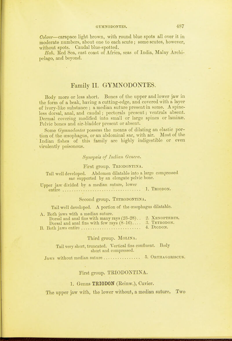 Colour—carapace light brown, with round blue spots all over it in moderate numbers, about one to each scute; some scutes, however, without spots. Caudal blue-spotted. Hah. Eed Sea, east coast of Africa, seas of India, Malay Arclii- pelago, and beyond. Family II. GYMNODONTES. Body mor£ or less short. Bones of the upper and lower jaw in the form of a beak, having a cutting-edge, and covered with a layer of ivory-like substance ; a median suture present in some. A spine- less dorsal, anal, and caudal; pectorals present; ventrals absent. Dermal covering modified into small or large spines or laminas. Pelvic bones and air-bladder present or absent. Some Qymnodontes possess the means of dilating an elastic por- tion of the oesophagus, or an abdominal sac, with air. Most of the Indian fishes of this family are highly indigestible or even virulently poisonous. Synopsis of Indian Genera. First group. Triodontina. Tail well developed. Abdomen dilatable into a large compressed sac supported by an elongate pelvic bone. Upper jaw divided by a median suture, lower entire 1. Tbiodon. Second group. Tetbodontina. Tail well developed. A portion of the oesophagus dilatable. A. Both jaws with a median sutm-e. Dorsal and anal fins with many rays (23-28). . 2. Xenoptertjs. Dorsal and anal fins with few rays (8-16) 3. Teteodon. B. Both jaws entire 4. DionoN. Third group. Molina. Tail very short, truncated. Vertical fins confluent. Body short and compressed. Jaws without median suture 5- Obthagoeiscus. First group. TRIODONTINA. 1. Genus TRIODON (Eeinw.), Cuvier. The upper jaw with, the lower without, a median suture. Two