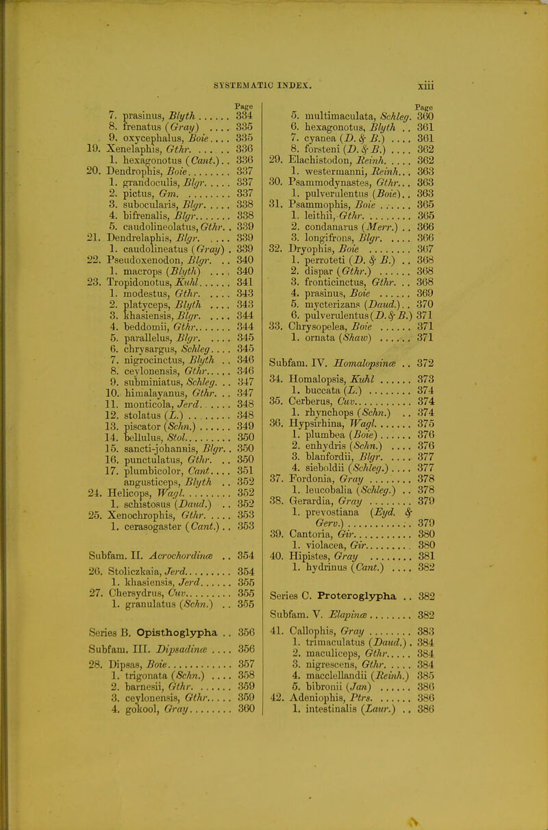 Page /. prasmus, Blyth 334 8. frenatus {Gray) ,.,. 335 . 9. oxycephalus, Boie.... 335 19. Xenelaphis, Gthr 336 1. hexagonotus (Cant.). . 336 20. Dendrophis, Boie 337 1. grandociilis, BJgr 337 2. pictiis, Gm 337 3. subocularis, Blgr 338 4. bifrenalis, Blgr 338 5. caudolineolatxis, G^Ar. . 339 21. Dendrelapllis, Blgr 339 1. caudolineatus {Gray) . 339 22. Pseudoxenodon, Blgr. .. 340 1. macrops {Blyth) .... 340 23. Tropidonotus, 341 1. modestiis, Gthr 343 2. platyceps, Blyih .... 343 3. thasiensis, Blc/r 344 4. beddomii, Gthr 344 5. paraUelus, Blgr 345 6. chrysargiis, Schleg. ... 345 7. nigrocinctus, Blyth . . 346 8. ceylonensis, Gthr 346 9. siibminiatus, Schleg. . . 347 10. bimalayanus, Gthr. . . 347 11. monticola, Jerd 348 12. stolatus (Z.) 348 13. piscator {Schn.) 349 14. bellulus, Stol 350 15. sancti-johannis, j5/</r. . 350 16. punctulatus, Gthr. .. 350 17. plumbicolor, Cant.... 351 angusticeps, Blyth .. 352 24. Helicops, Wagl 352 1. schistoaus {Baud.) .. 352 25. Xenochrophis, Gthr 353 1. cerasogaster {Cant.).. 353 Subfam. II. Acrochordinm .. 354 26. Stoliczkaia, Jerd. 354 1. khasiensia, Je7-d 355 27. Ohersydrus, Cttv 355 1. granulatua {Schn.) . . 355 Series B. Opisthoglypha .. 356 Subfam, III. Dipsadince .... 356 28. Dipsas, Boie 357 1. trigonata {Schn.) .... 358 2. barnesii, Gthr 359 3. ceylonensis, Gthr 359 4. gokool, Gray 360 5. multiniaculata, Schleg. 360 6. hexagonotiis, Blyth . . 361 7. cyanea {D. 8f B.) 361 8. forstenip.i.^-^.) .... 362 29. Elachistodon, Reinh 362 1. westermanni, j?em7j... 363 30. Psammodynastes, Gthr.. . 363 1. pulvendentus (^ote).. 363 31. Psammopbis, Boie ...... 365 1. iQiihu, Gthr 365 2. condanarus {Merr.) .. 366 3. longifrons, Blgr 366 32. Dryophis, 5ote .367 1. perroteti (J). ^ B.) ., 368 2. dispar {Gthr.) 368 3. fronticinctus, Gthr. . . 368 4. prasinus, Boie 369 5. mycterizans {Daud.). . 370 6. pulveridentus(Z).^5.) 371 33. Chrysopelea, Boie 371 1. ornata {Shaio) 371 Subfam. IV. HomalopsincB ,. 372 34. Homalopsis, Kuhl 373 1. buccata {L.) 374 35. Cerberus, Cuv 374 1. rbynchops {Schn.) .. 374 36. Hypsirhina, Wagl 375 1. plumbea (Bote) 376 2. enhydris {Schn.) 376 3. blanfordii, Blgr 377 4. sieboldii {Schleg.) 377 37. Fordonia, Gray 378 1. leucobalia {Schleg.) .. 378 38. Gerardia, Gray 379 1. prevostiana {Eyd. 8f Gerv.) . 379 39. Oantoria, Gir 380 1. violacea, Gir 880 40. Hipistes, Gray 381 1. hydiinus {Cant.) 382 Series C. Proterogl37pha ., 382 Subfam. V. Elapincs 382 41. Callophis, Gray 383 1. trimaculatus {Daud.) . 384 2. maculiceps, Gthr 384 3. nigrescens, Gthr 384 4. macclellandii {Reinh.) 385 6. bibronii {Jan) 386 42. Adeniophis, Ptrs 386 1. intestinalis {Laur.) ,. 386